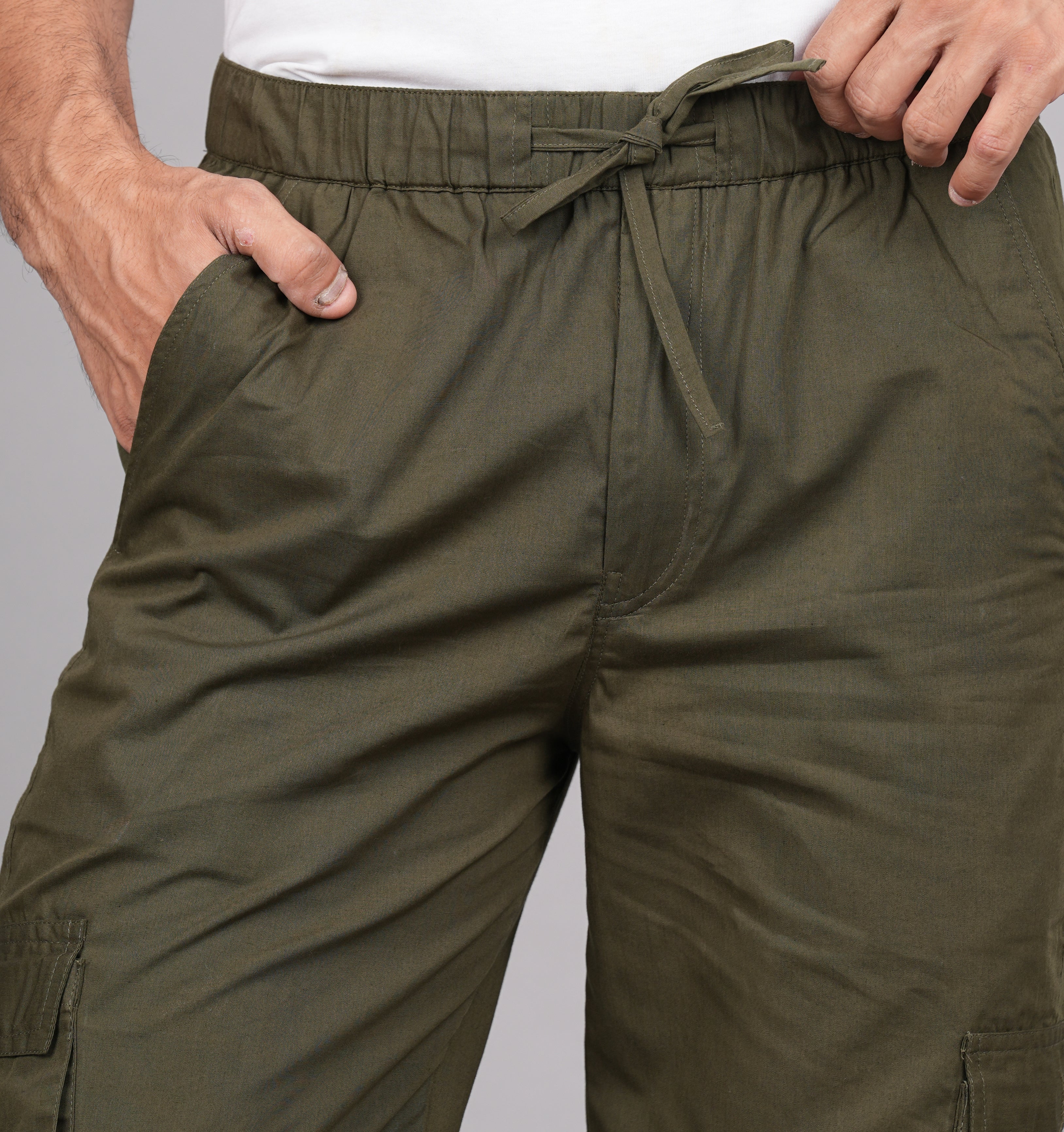 House of RP Men's Cotton Green Slim Fit Solid Cargos, Casual Trousers with Cargo Pockets