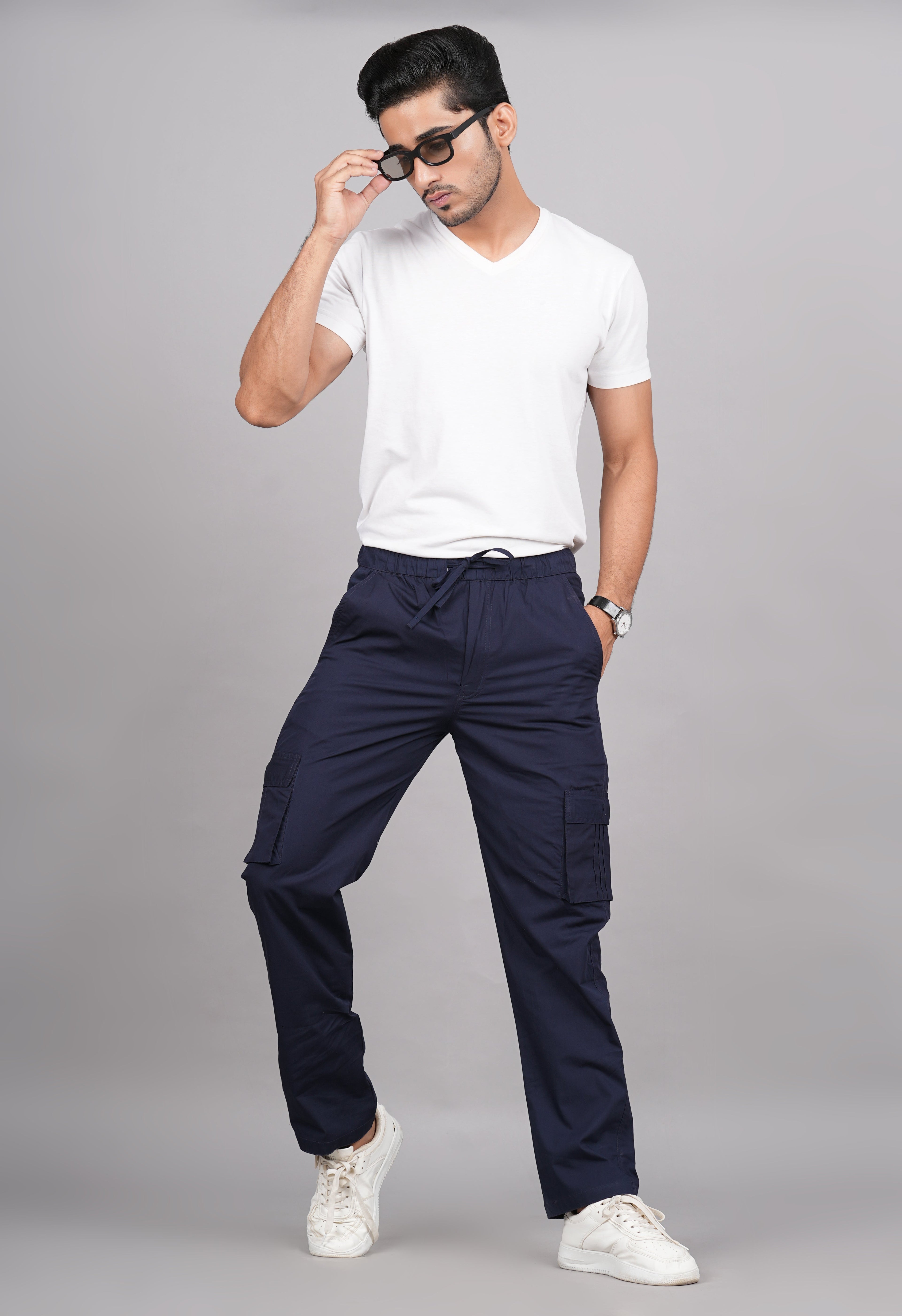 House of RP Men's Cotton Blue Slim Fit Solid Cargos, Casual Trousers with Cargo Pockets