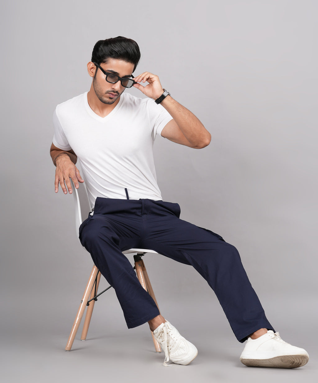 House of RP Men's Cotton Blue Slim Fit Solid Cargos, Casual Trousers with Cargo Pockets