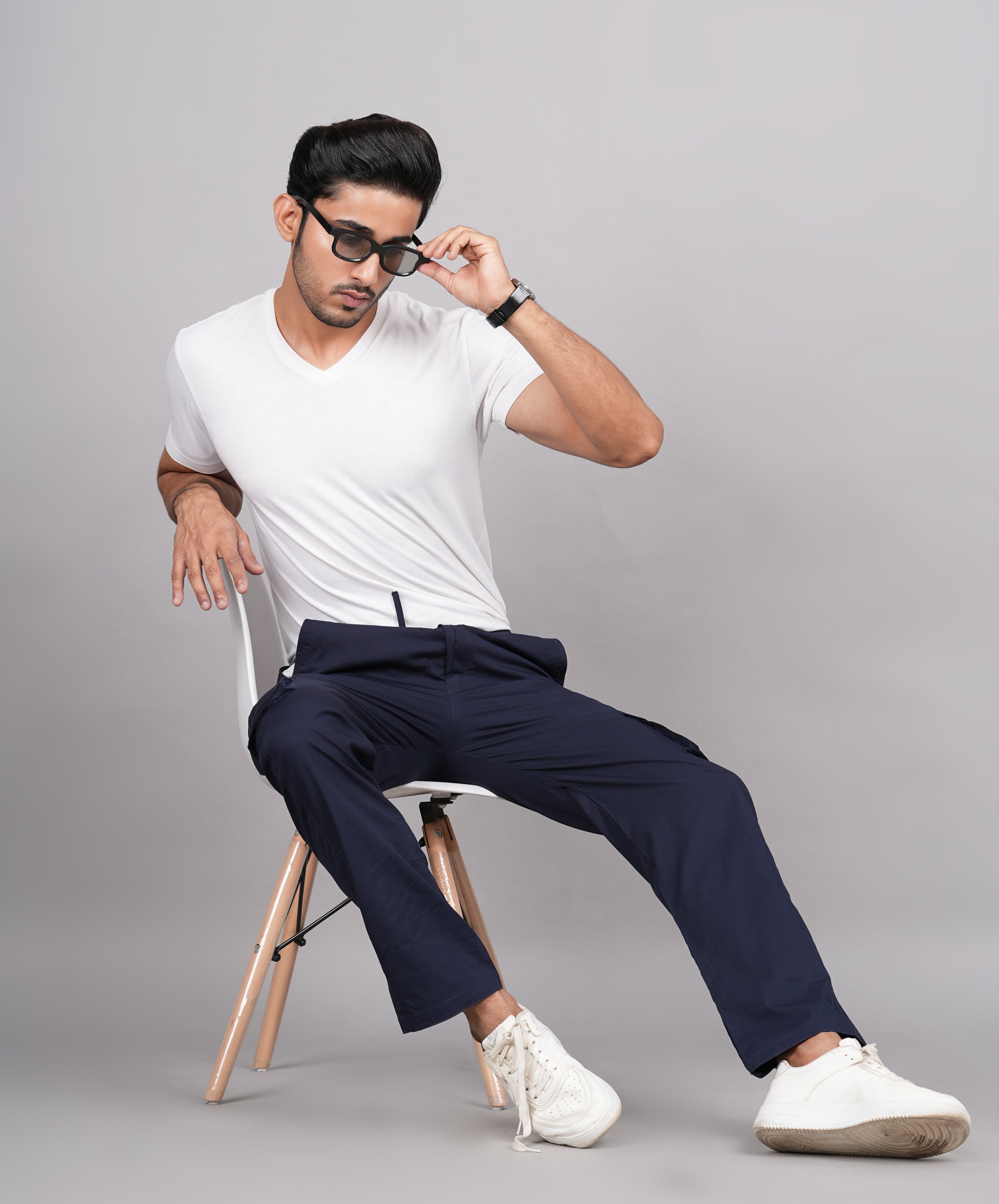House of RP Men's Cotton Blue Slim Fit Solid Cargos, Casual Trousers with Cargo Pockets