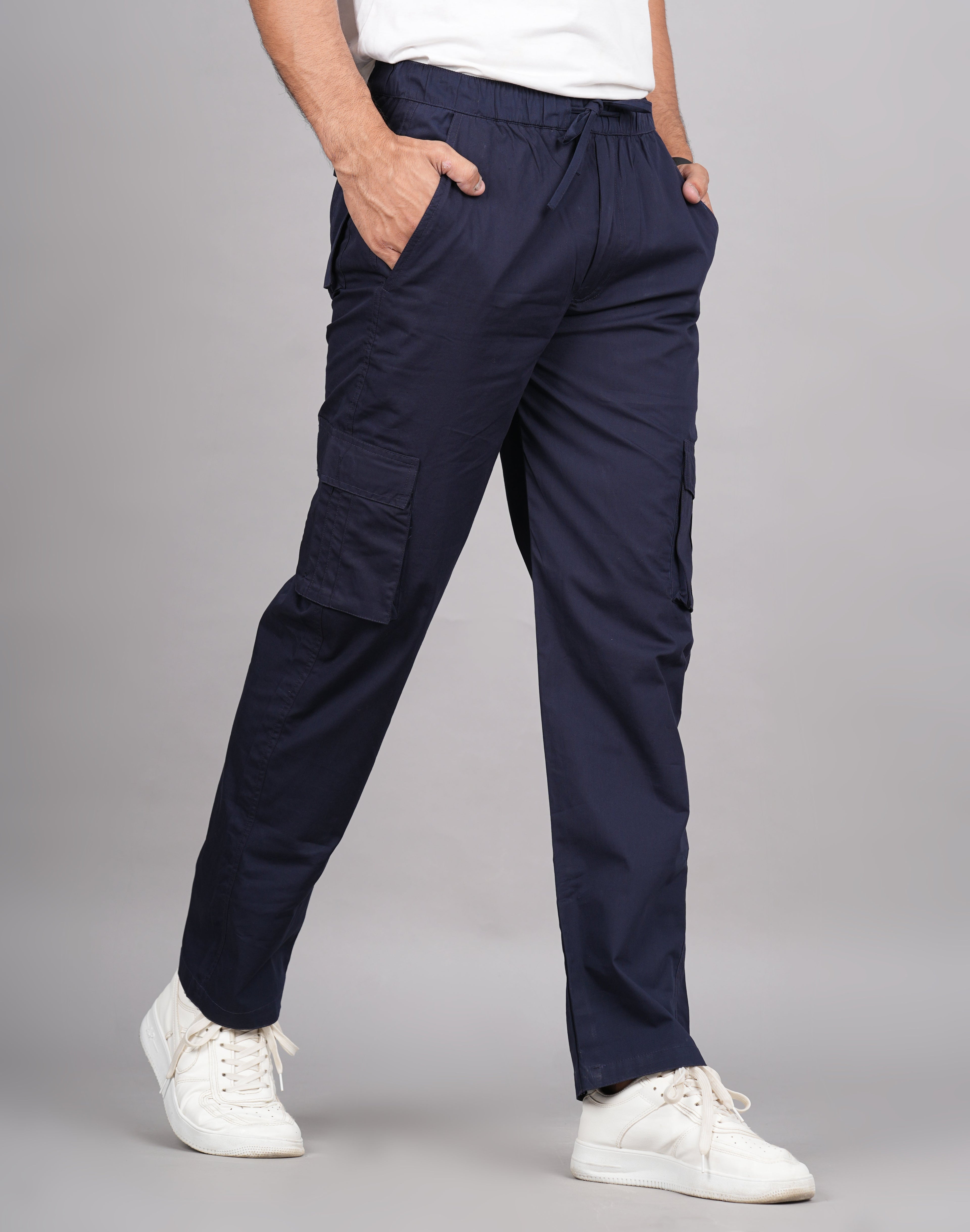 House of RP Men's Cotton Blue Slim Fit Solid Cargos, Casual Trousers with Cargo Pockets