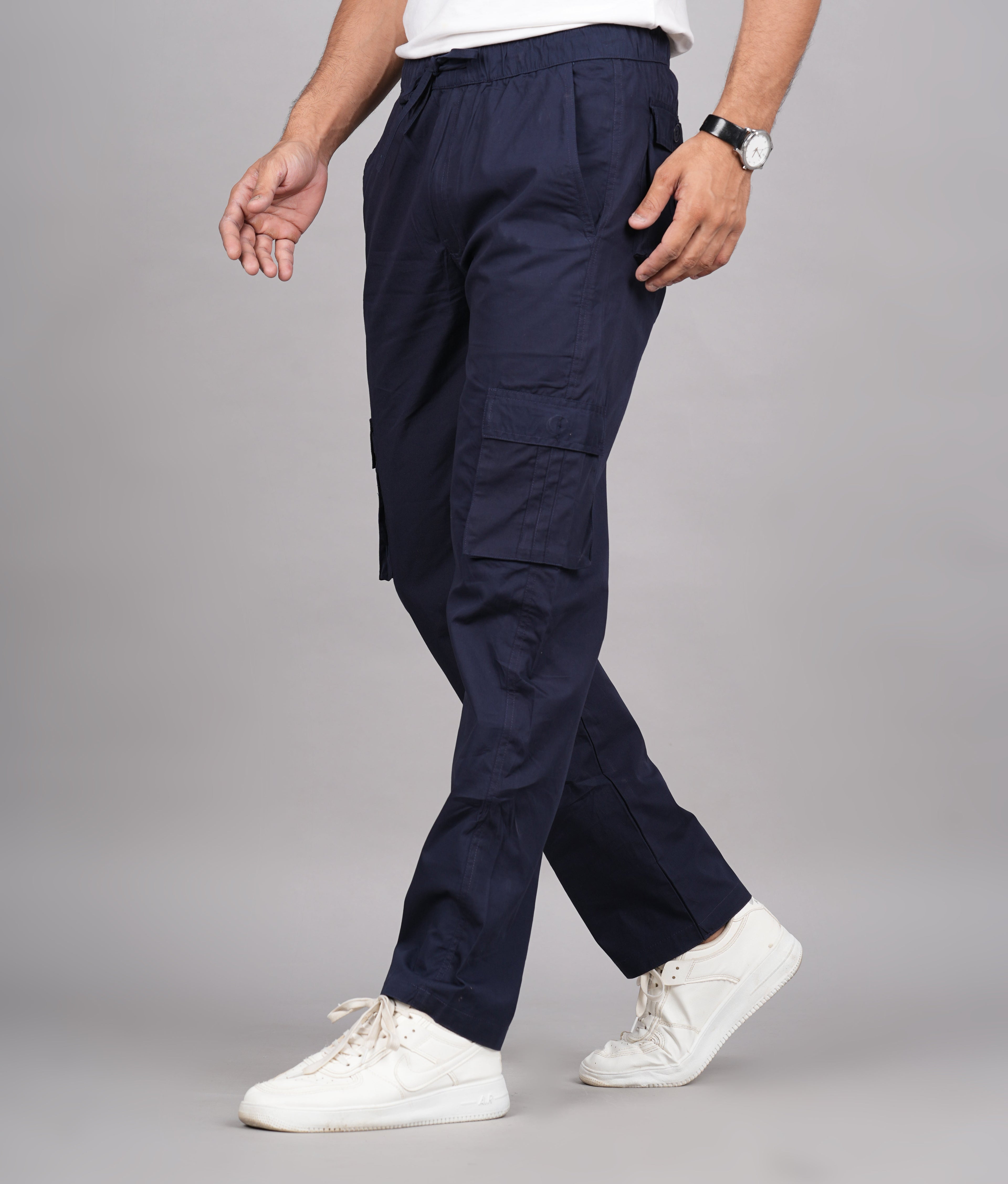 House of RP Men's Cotton Blue Slim Fit Solid Cargos, Casual Trousers with Cargo Pockets