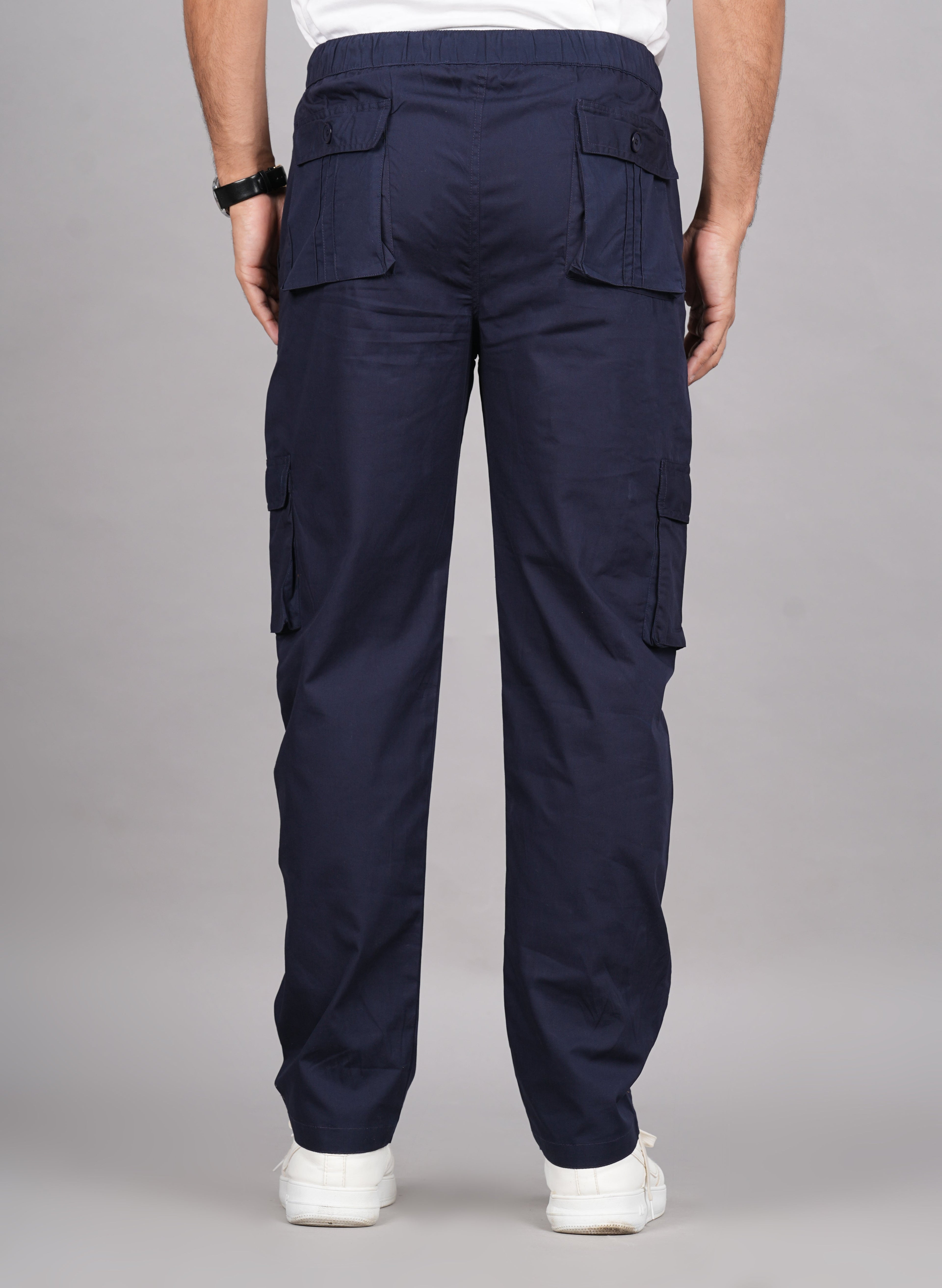 House of RP Men's Cotton Blue Slim Fit Solid Cargos, Casual Trousers with Cargo Pockets