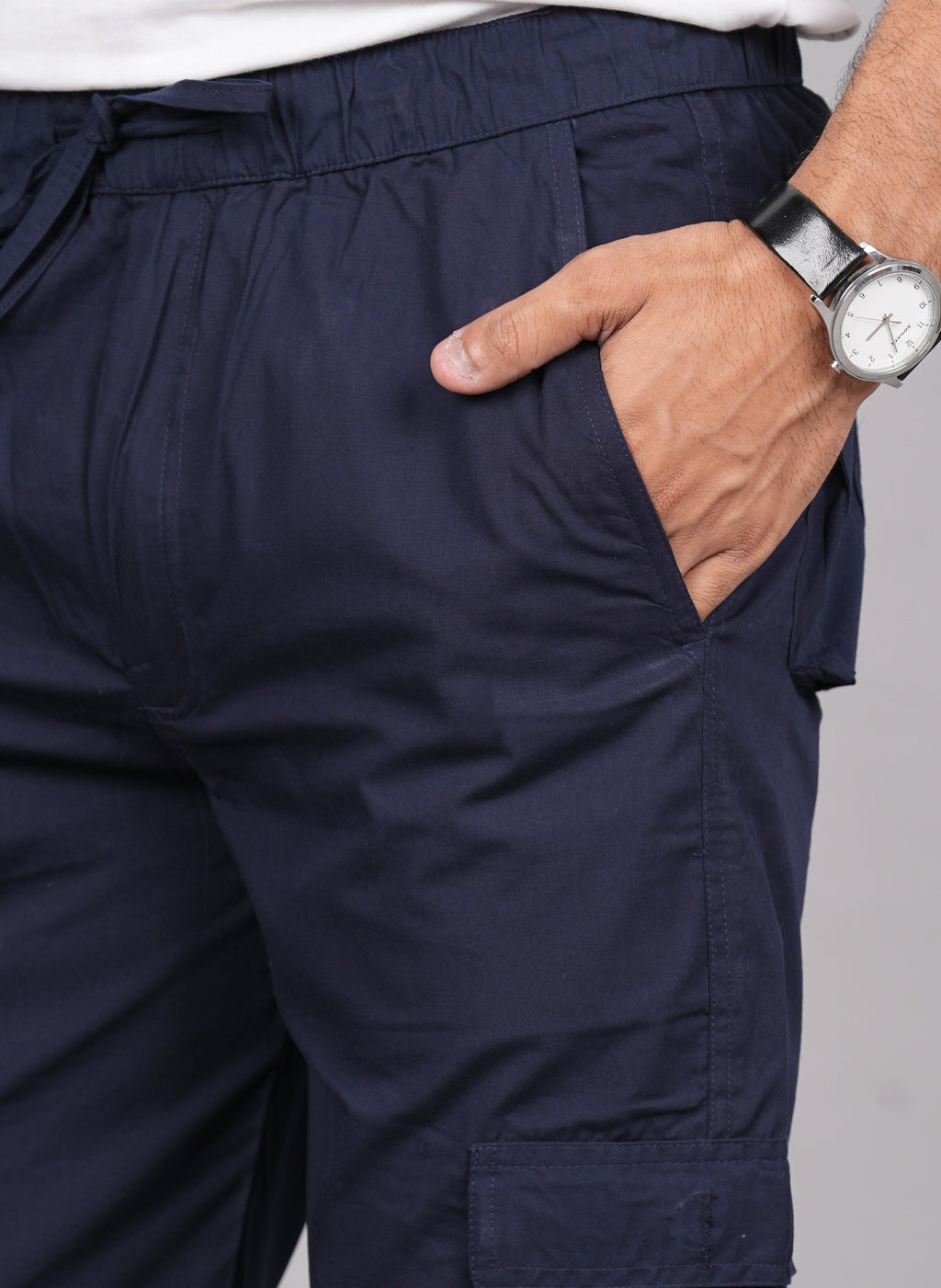 House of RP Men's Cotton Blue Slim Fit Solid Cargos, Casual Trousers with Cargo Pockets