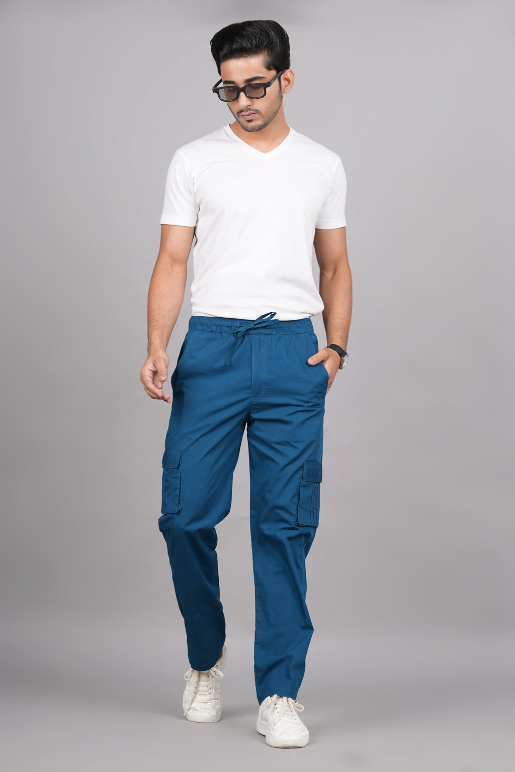 House of RP Men's Cotton DarkBlue Slim Fit Solid Cargos, Casual Trousers with Cargo Pockets