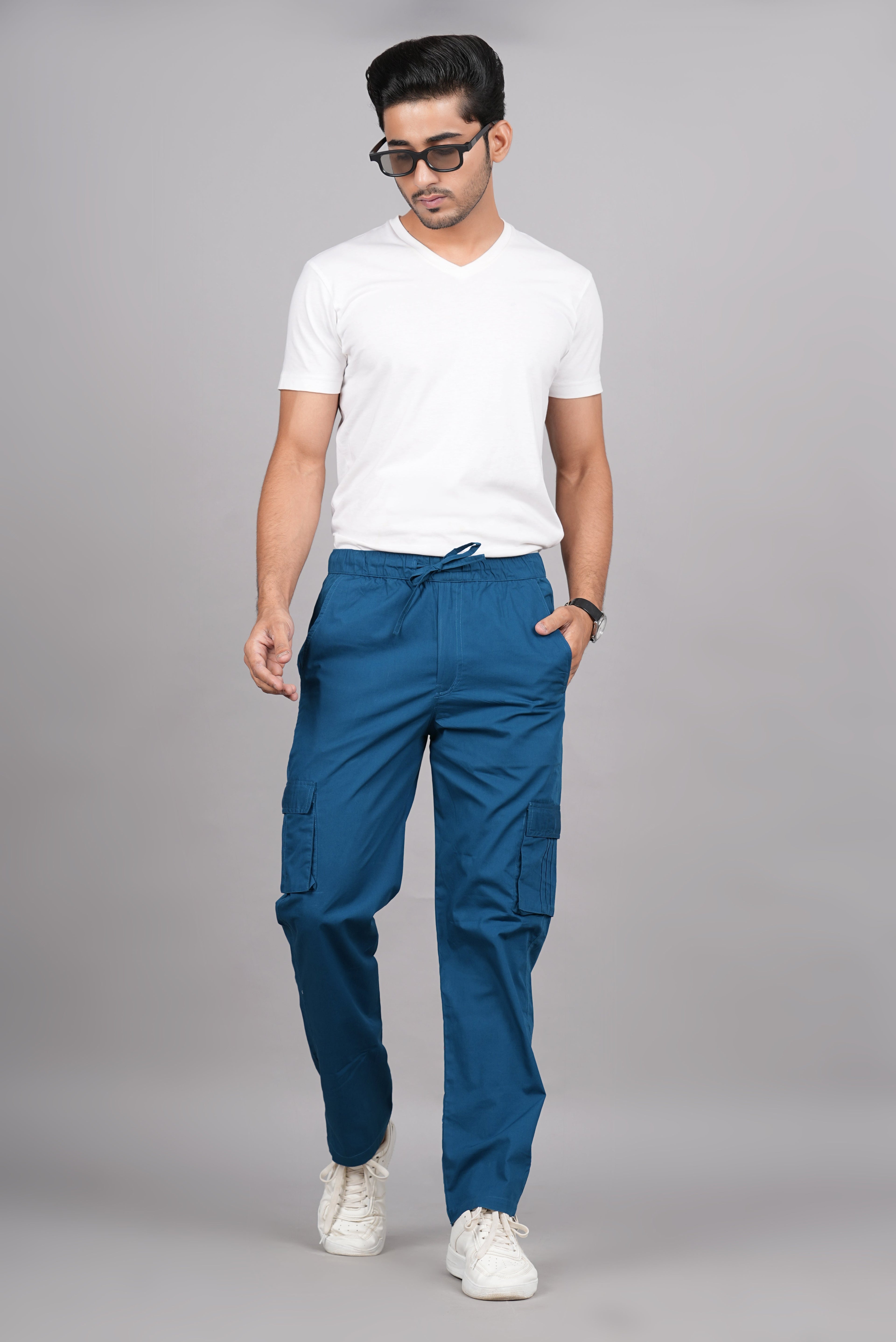 House of RP Men's Cotton DarkBlue Slim Fit Solid Cargos, Casual Trousers with Cargo Pockets