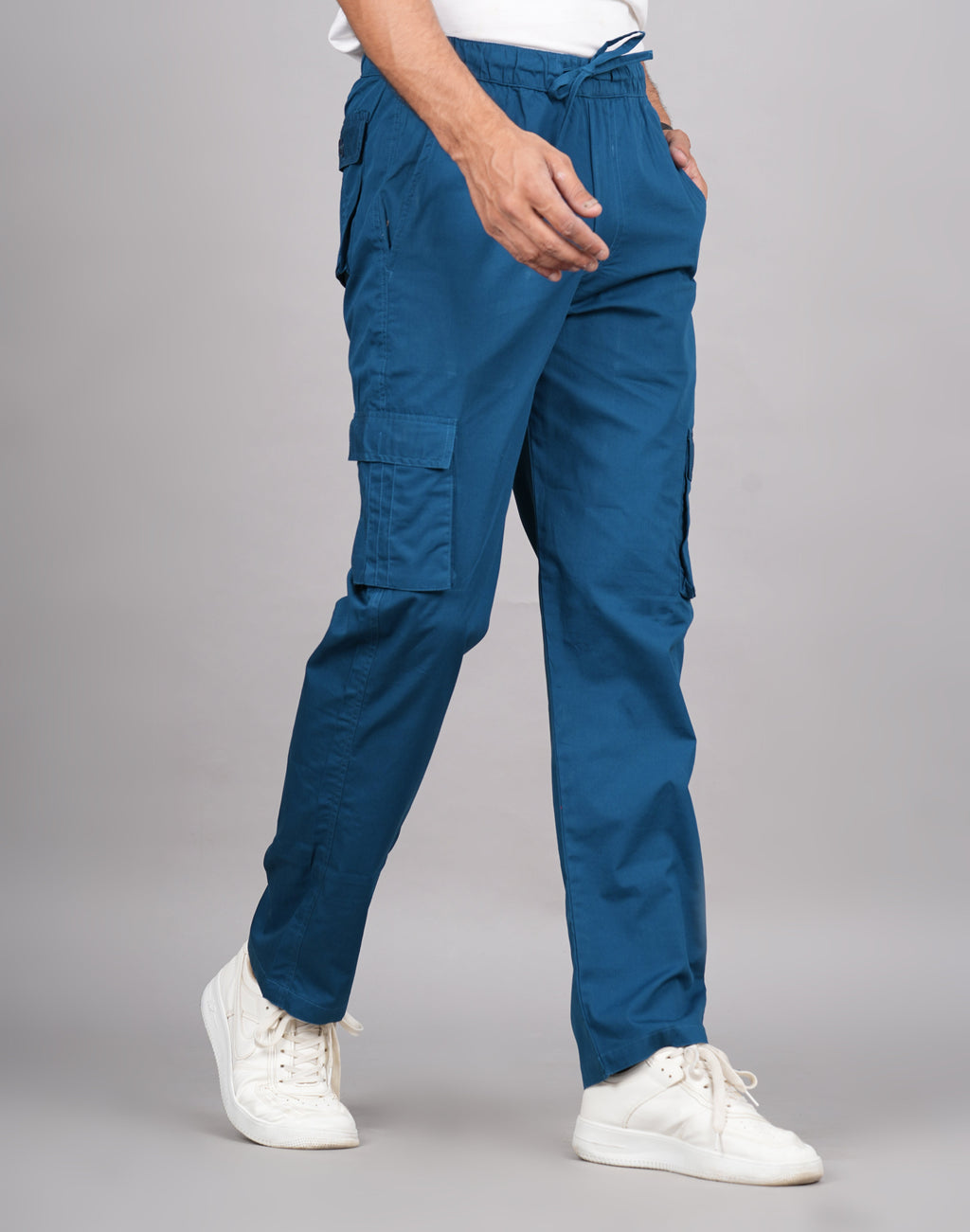 House of RP Men's Cotton DarkBlue Slim Fit Solid Cargos, Casual Trousers with Cargo Pockets