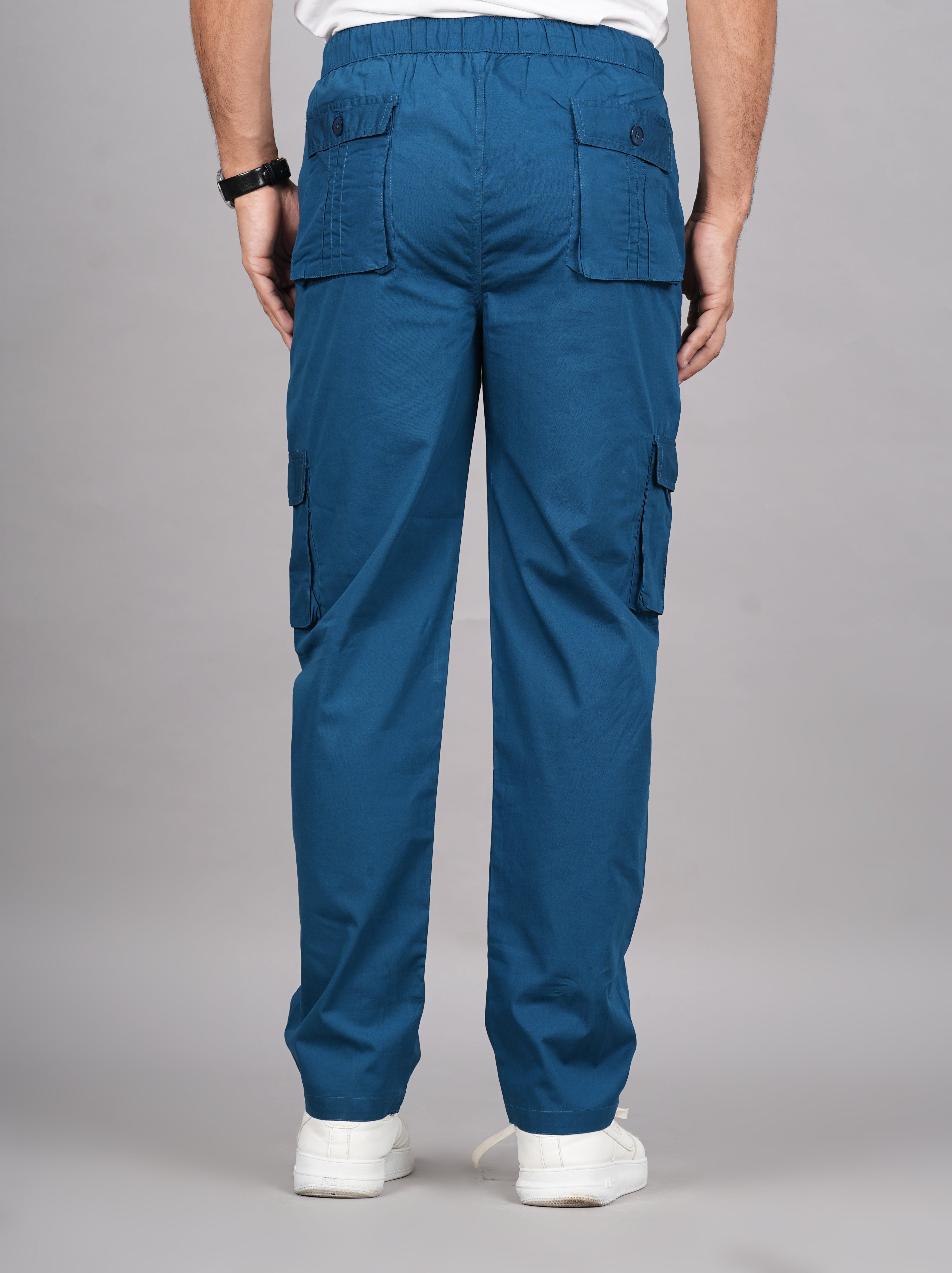 House of RP Men's Cotton DarkBlue Slim Fit Solid Cargos, Casual Trousers with Cargo Pockets