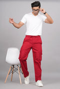 House of RP Men's Cotton Red Slim Fit Solid Cargos, Casual Trousers with Cargo Pockets
