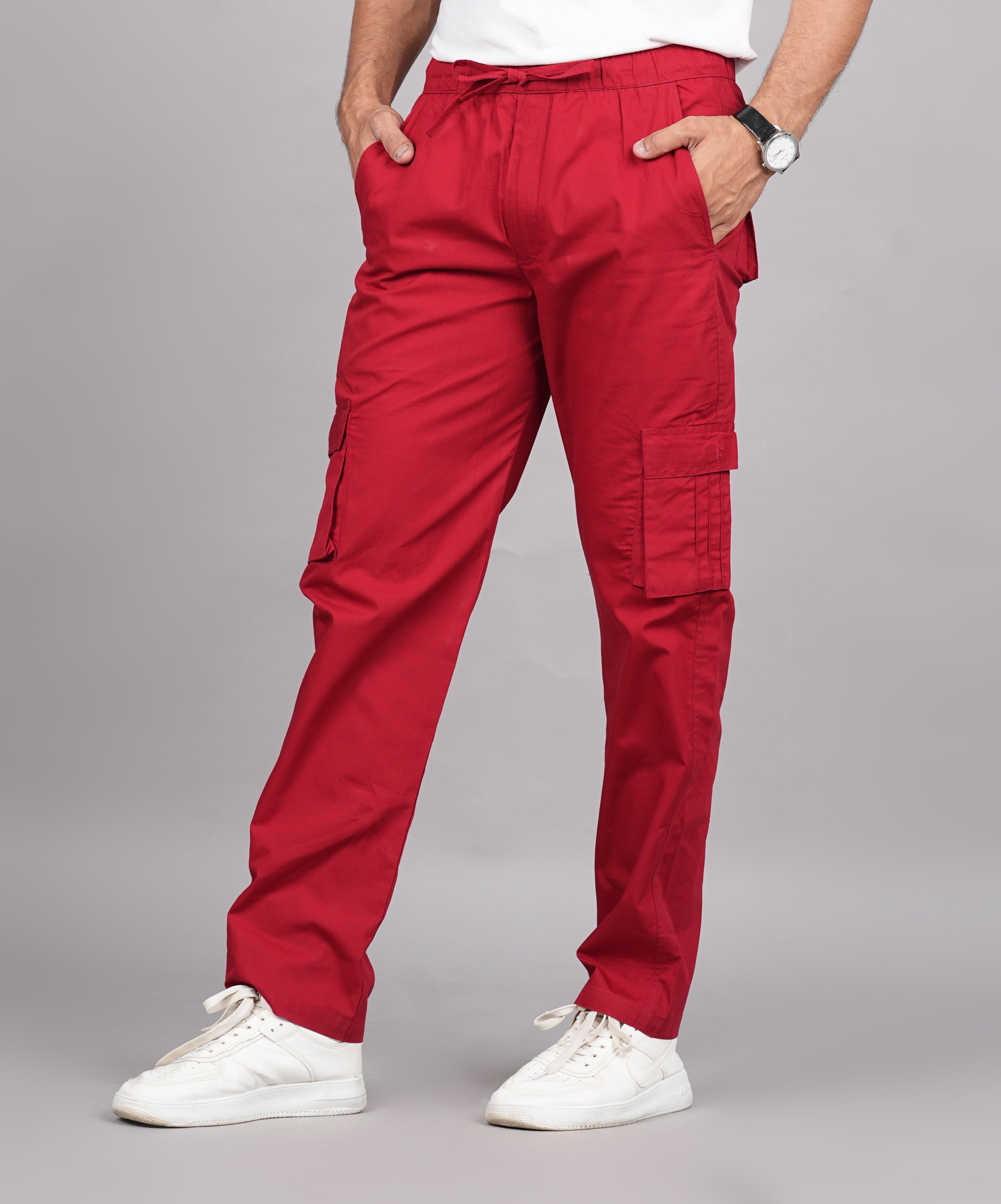 House of RP Men's Cotton Red Slim Fit Solid Cargos, Casual Trousers with Cargo Pockets
