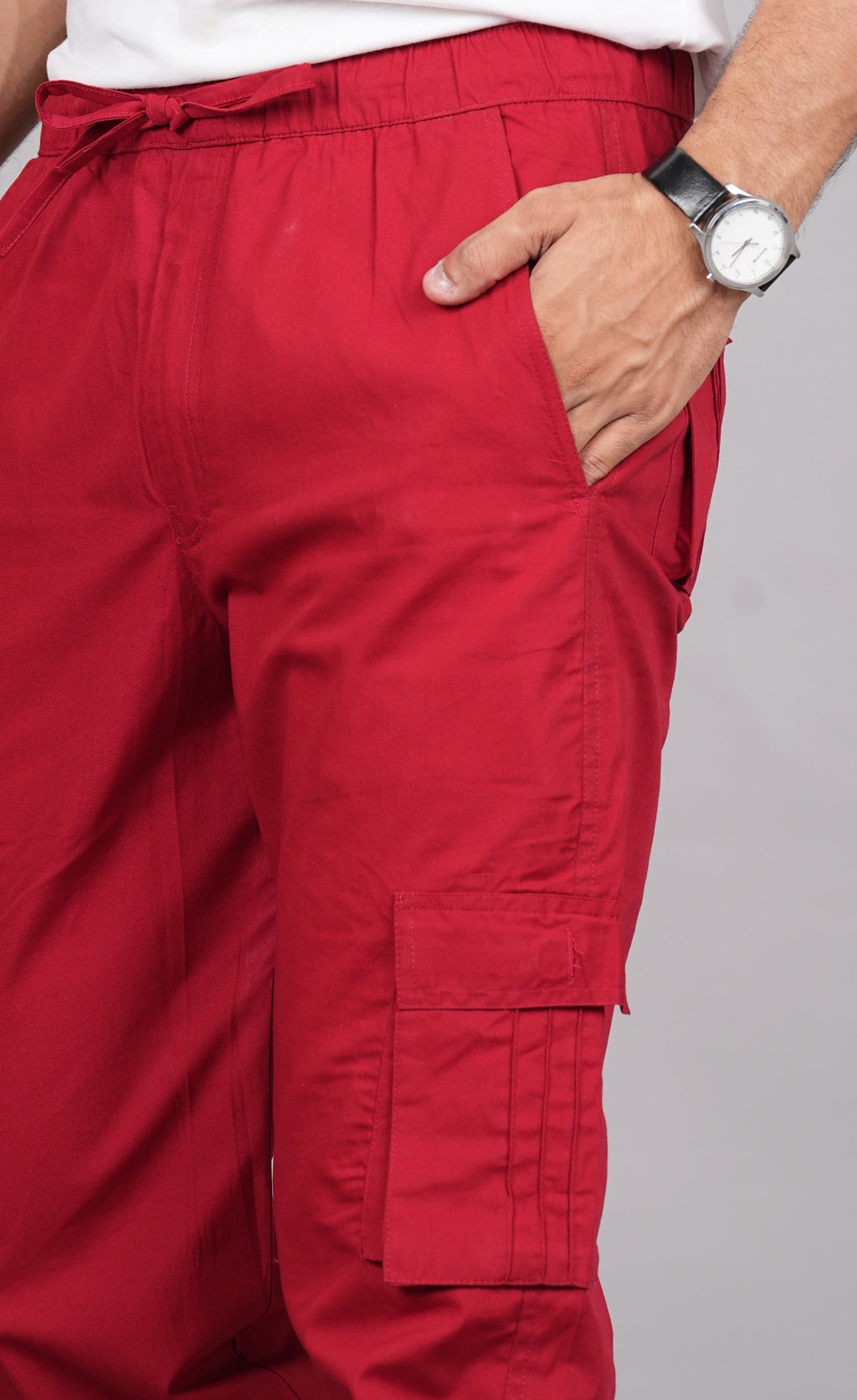 House of RP Men's Cotton Red Slim Fit Solid Cargos, Casual Trousers with Cargo Pockets