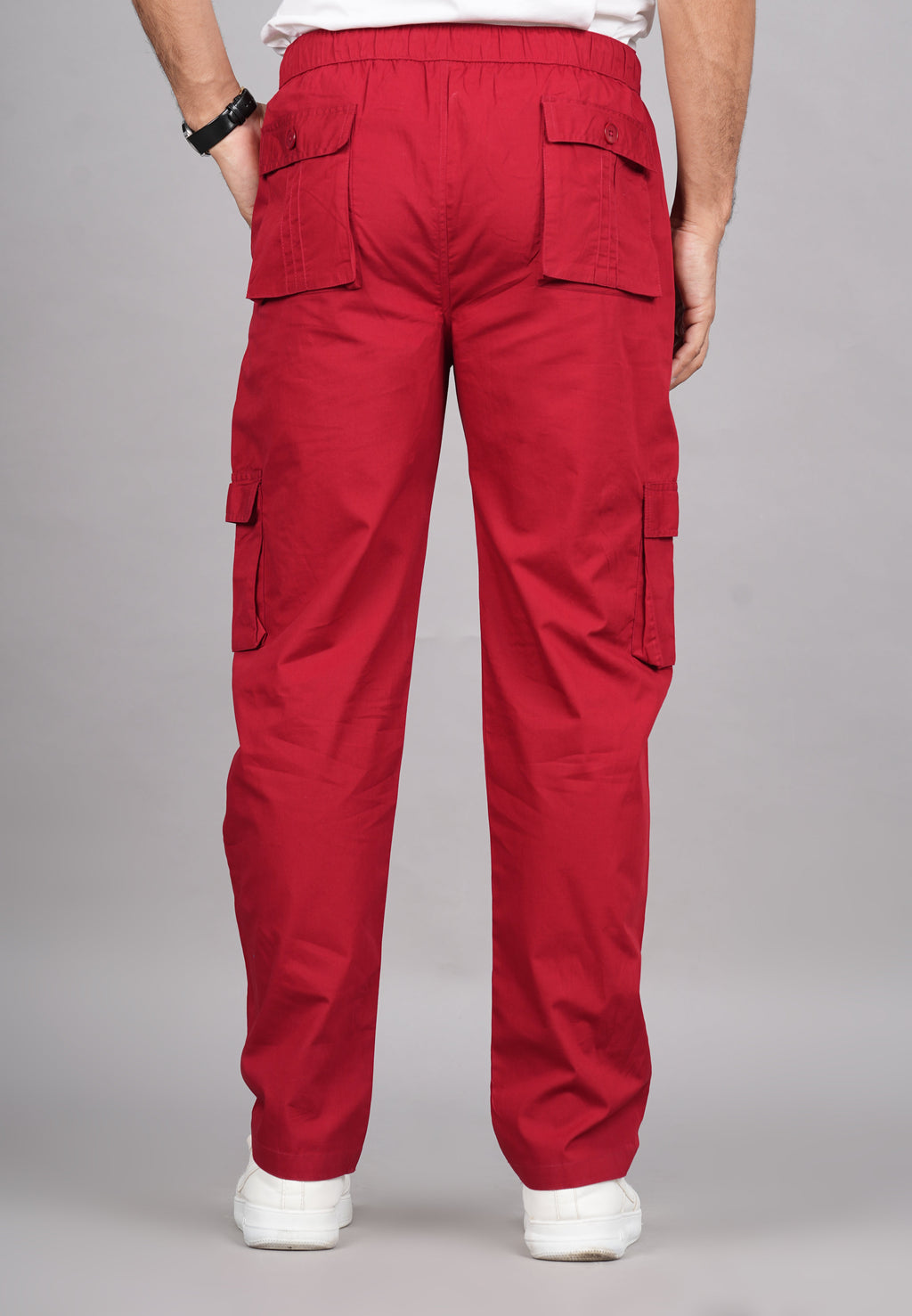 House of RP Men's Cotton Red Slim Fit Solid Cargos, Casual Trousers with Cargo Pockets