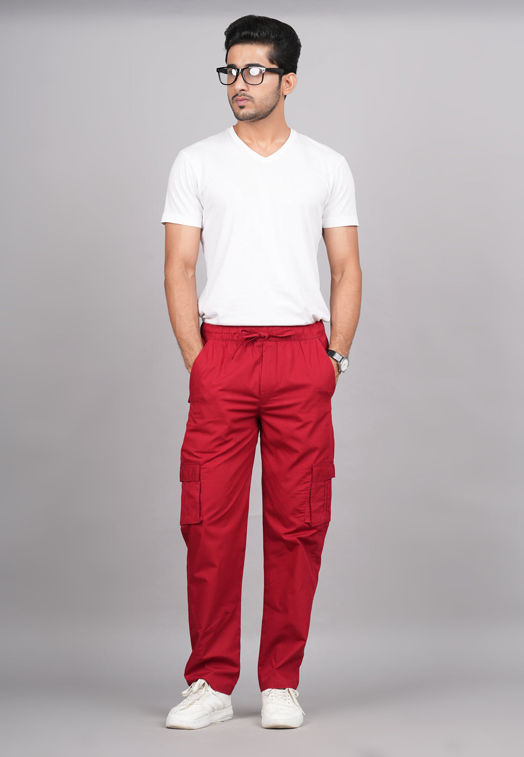 House of RP Men's Cotton Red Slim Fit Solid Cargos, Casual Trousers with Cargo Pockets