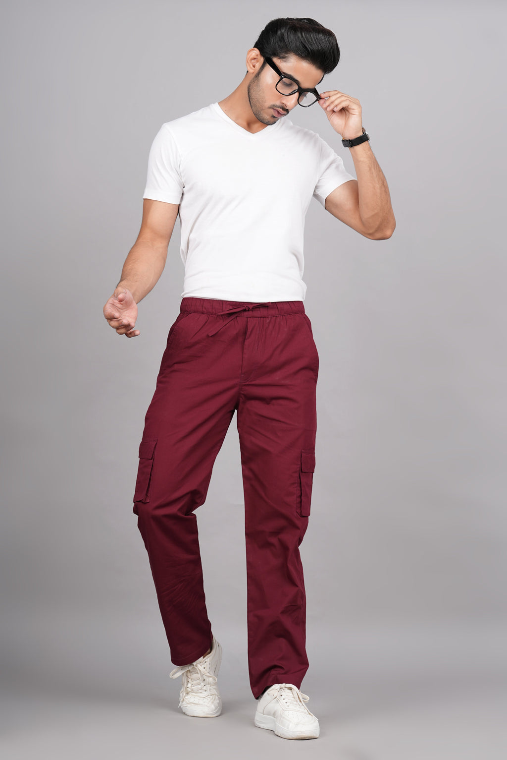 House of RP Men's Cotton Maroon Slim Fit Solid Cargos, Casual Trousers with Cargo Pockets