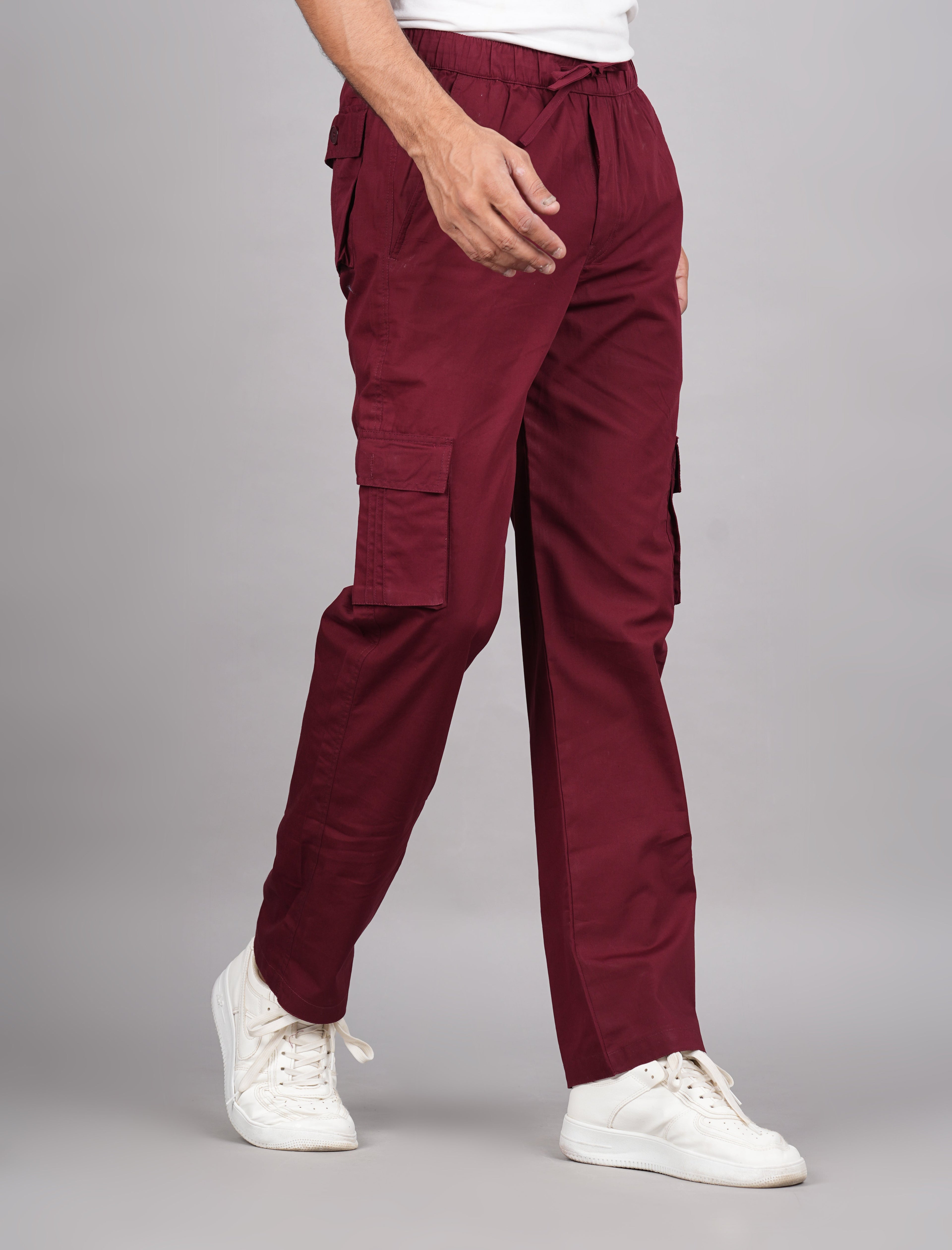House of RP Men's Cotton Maroon Slim Fit Solid Cargos, Casual Trousers with Cargo Pockets
