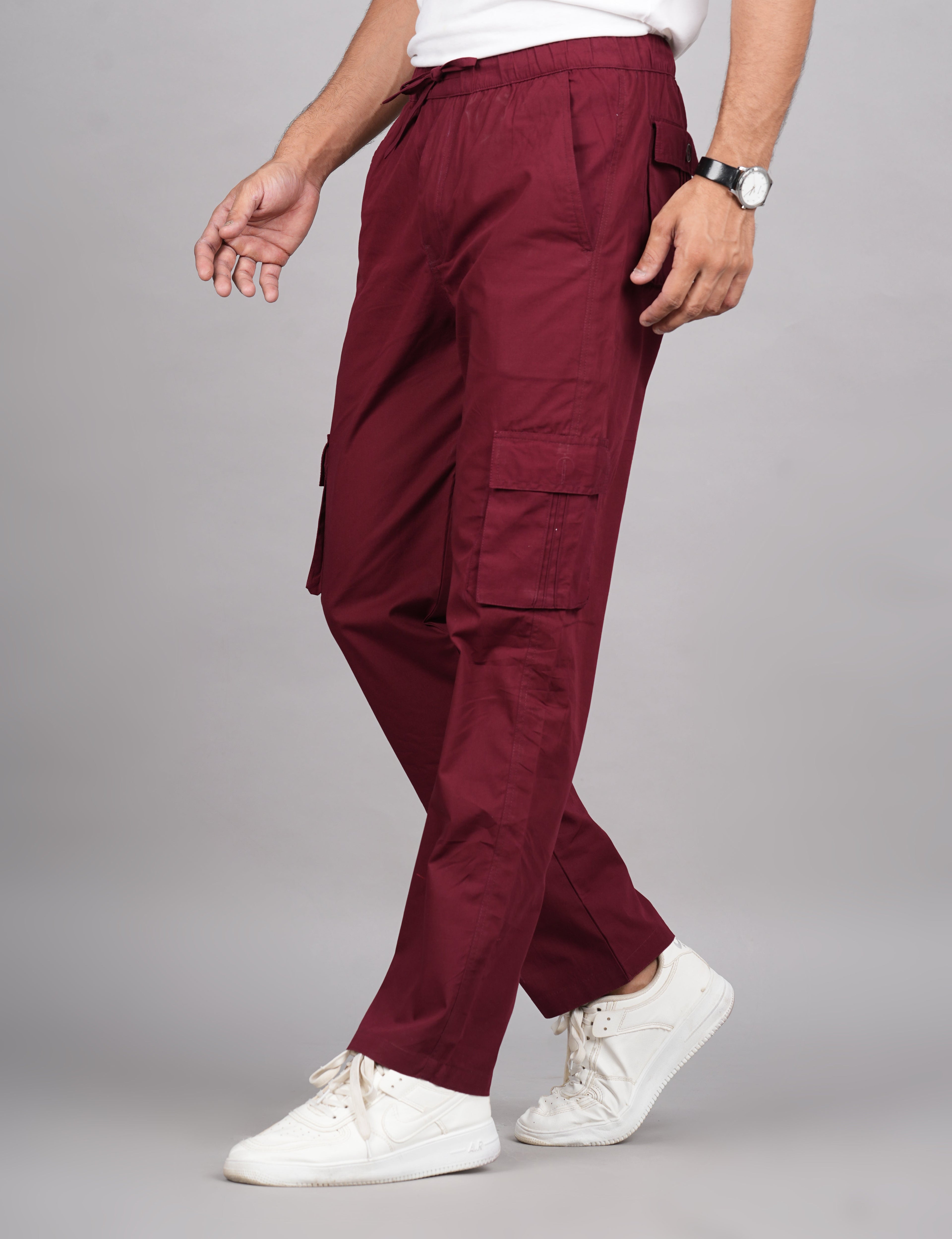 House of RP Men's Cotton Maroon Slim Fit Solid Cargos, Casual Trousers with Cargo Pockets