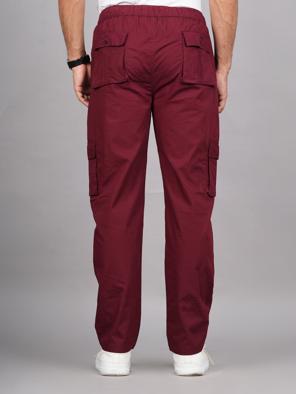 House of RP Men's Cotton Maroon Slim Fit Solid Cargos, Casual Trousers with Cargo Pockets