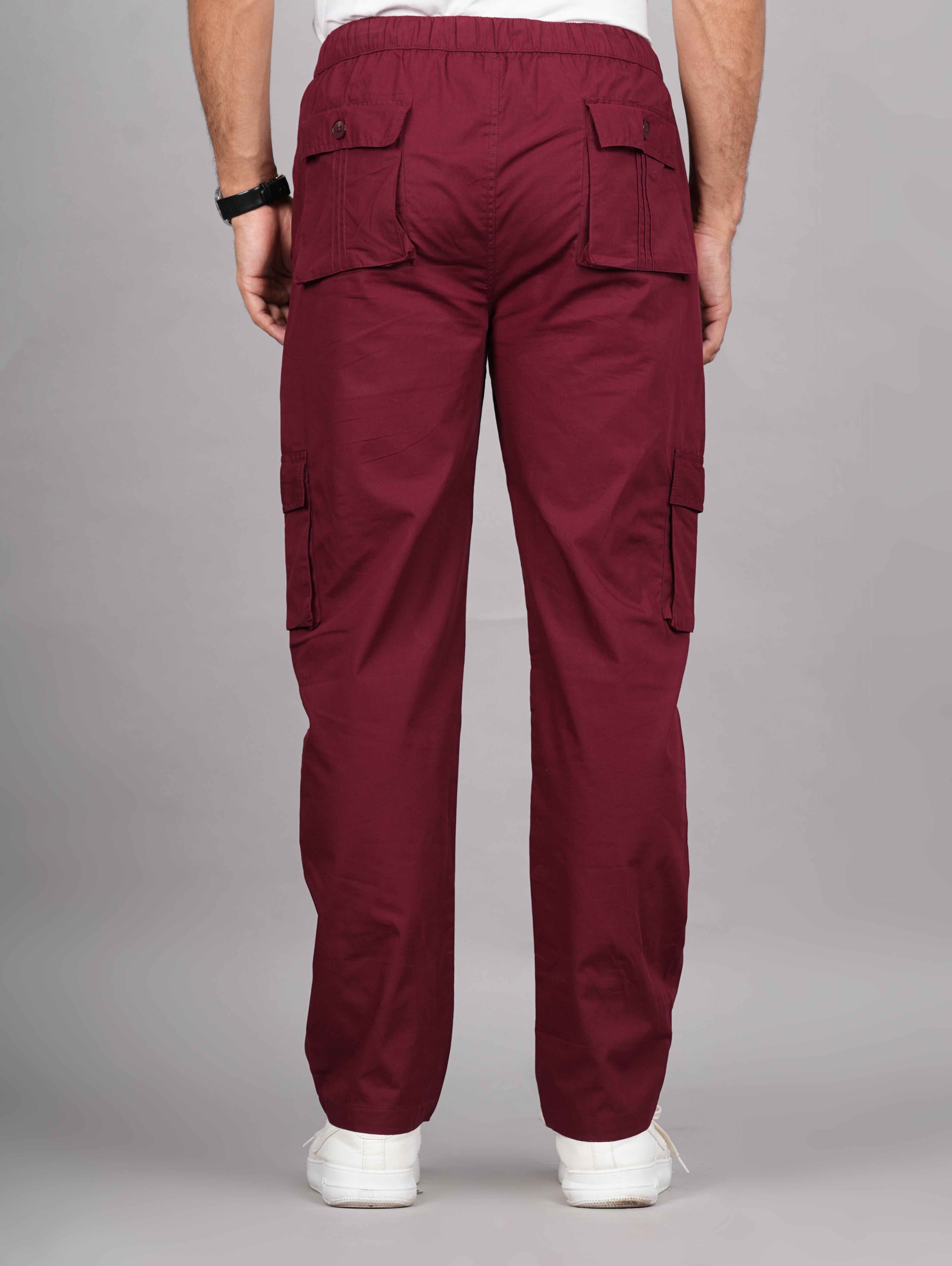 House of RP Men's Cotton Maroon Slim Fit Solid Cargos, Casual Trousers with Cargo Pockets