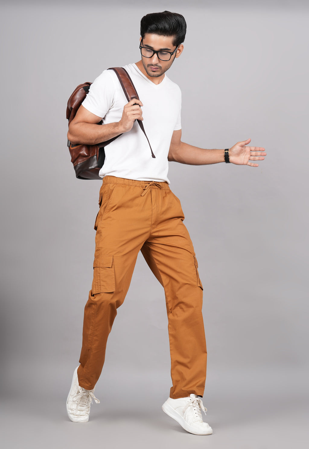 House of RP Men's Cotton Khaki Slim Fit Solid Cargos, Casual Trousers with Cargo Pockets