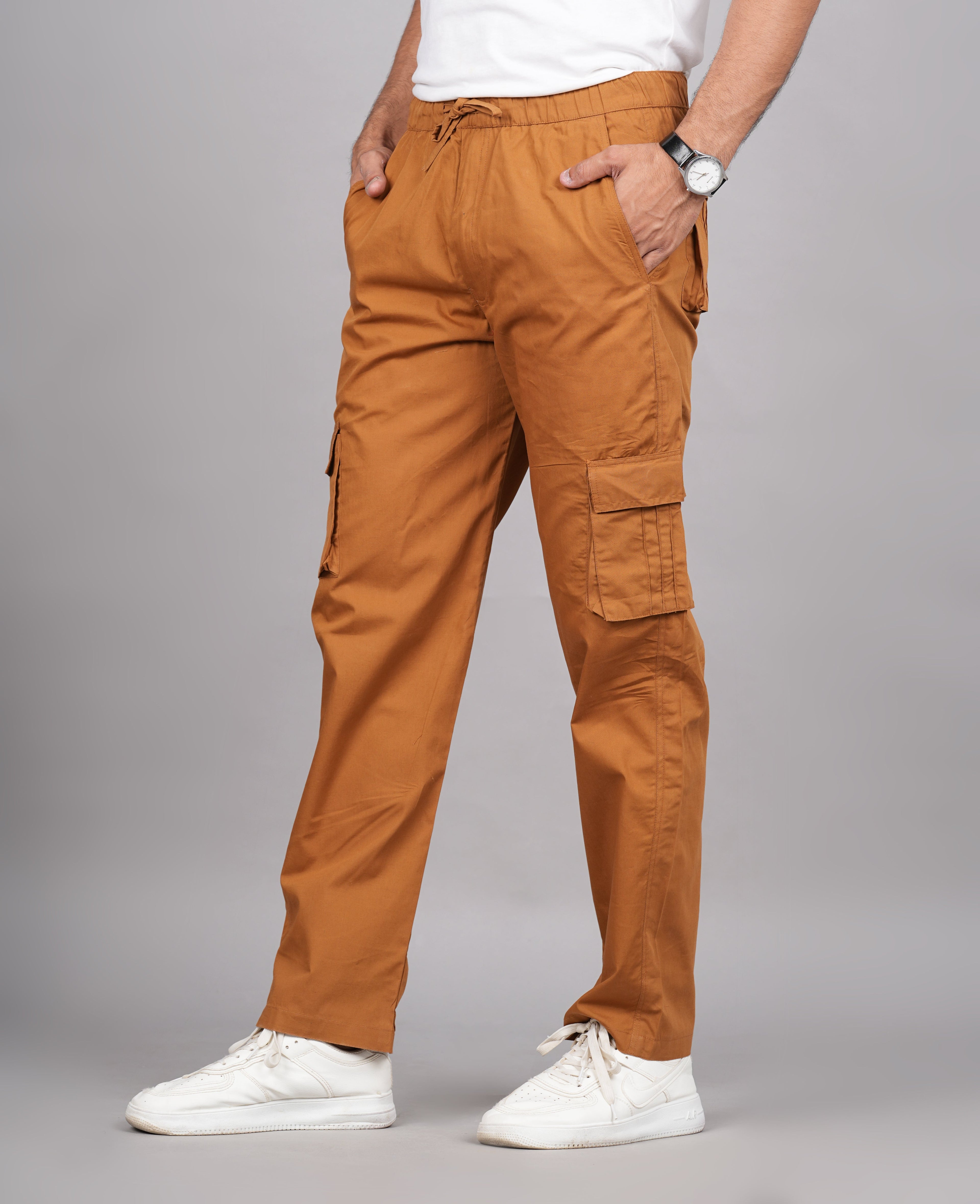 House of RP Men's Cotton Khaki Slim Fit Solid Cargos, Casual Trousers with Cargo Pockets