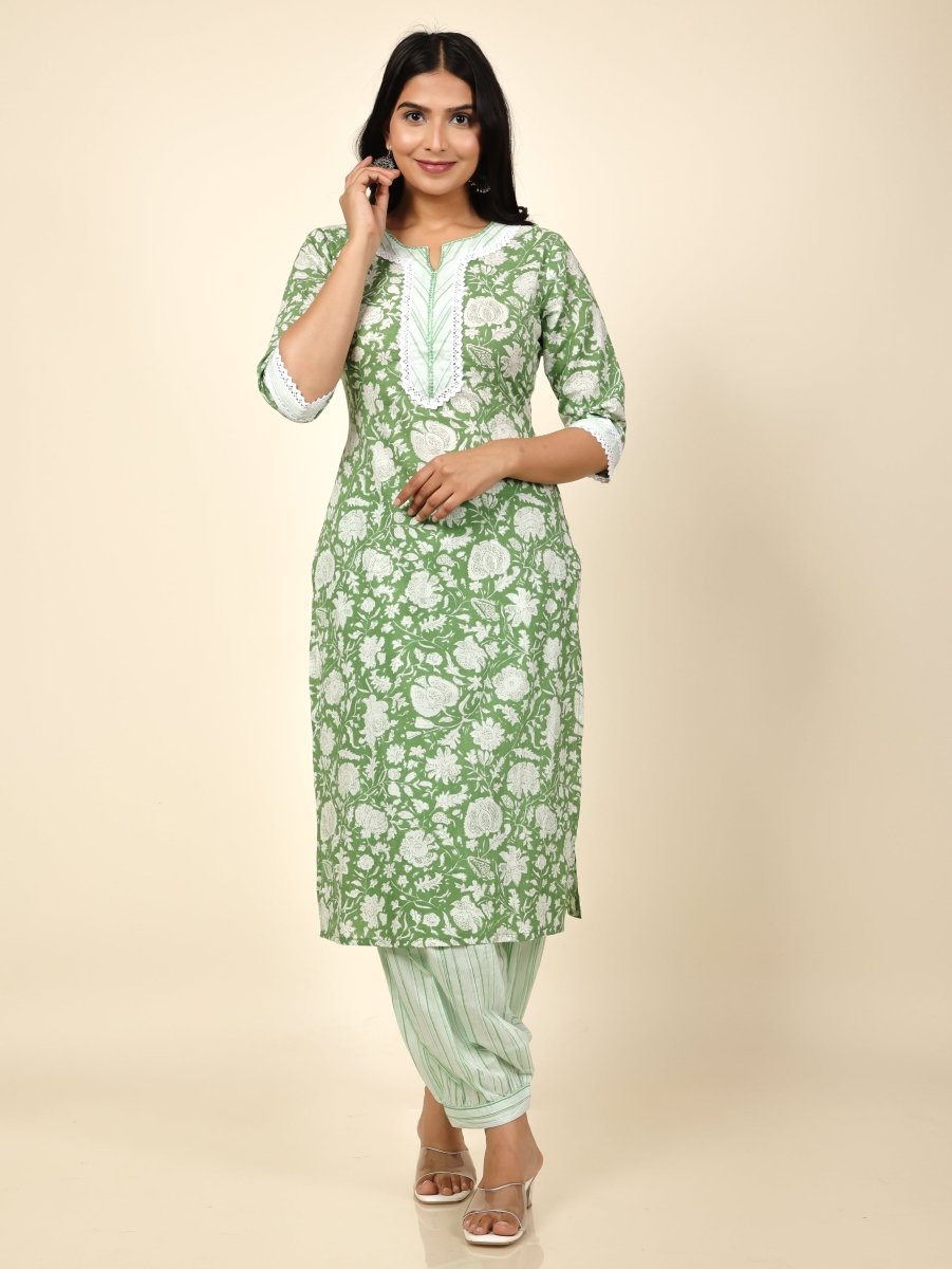 Aramya Straight Soft Cotton Floral Print Women's Kurta Set - Green
