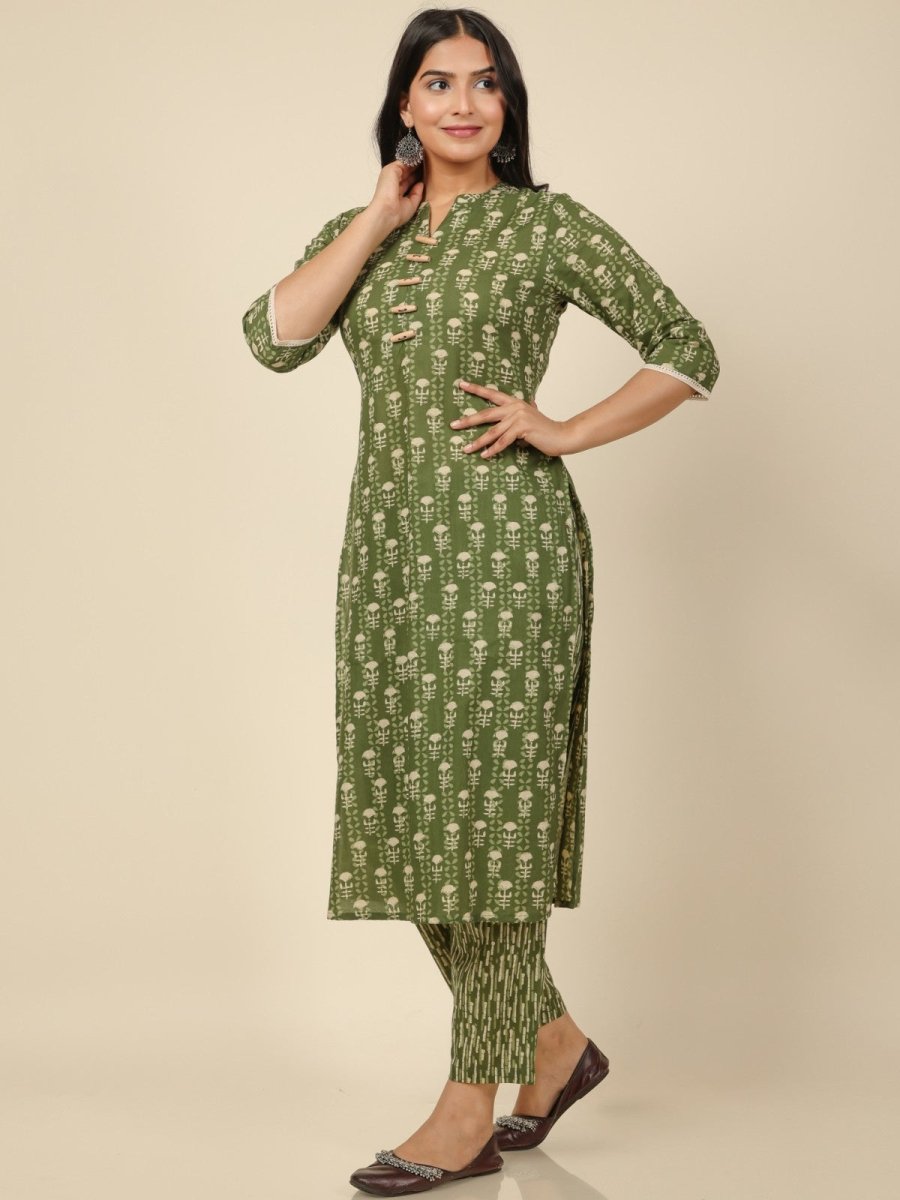 Aramya Straight Soft Cotton Floral Print Women's Kurta - Green