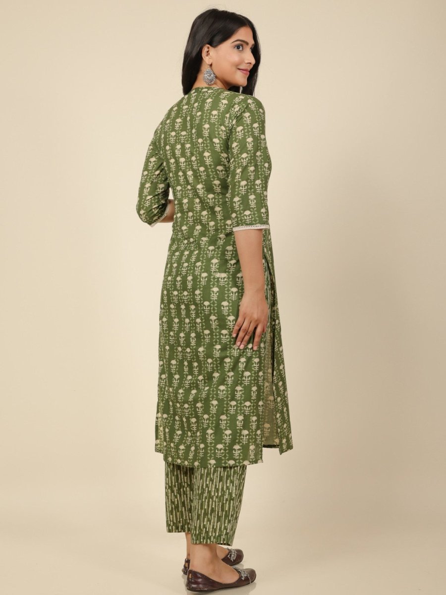 Aramya Straight Soft Cotton Floral Print Women's Kurta Set - Green