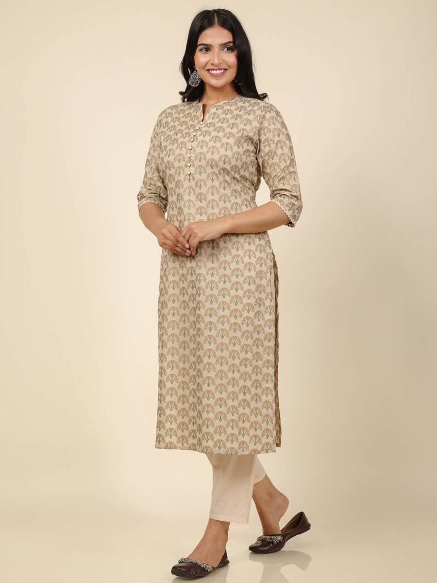 Aramya Straight Soft Cotton Floral Print Women's Kurta Set - Off White