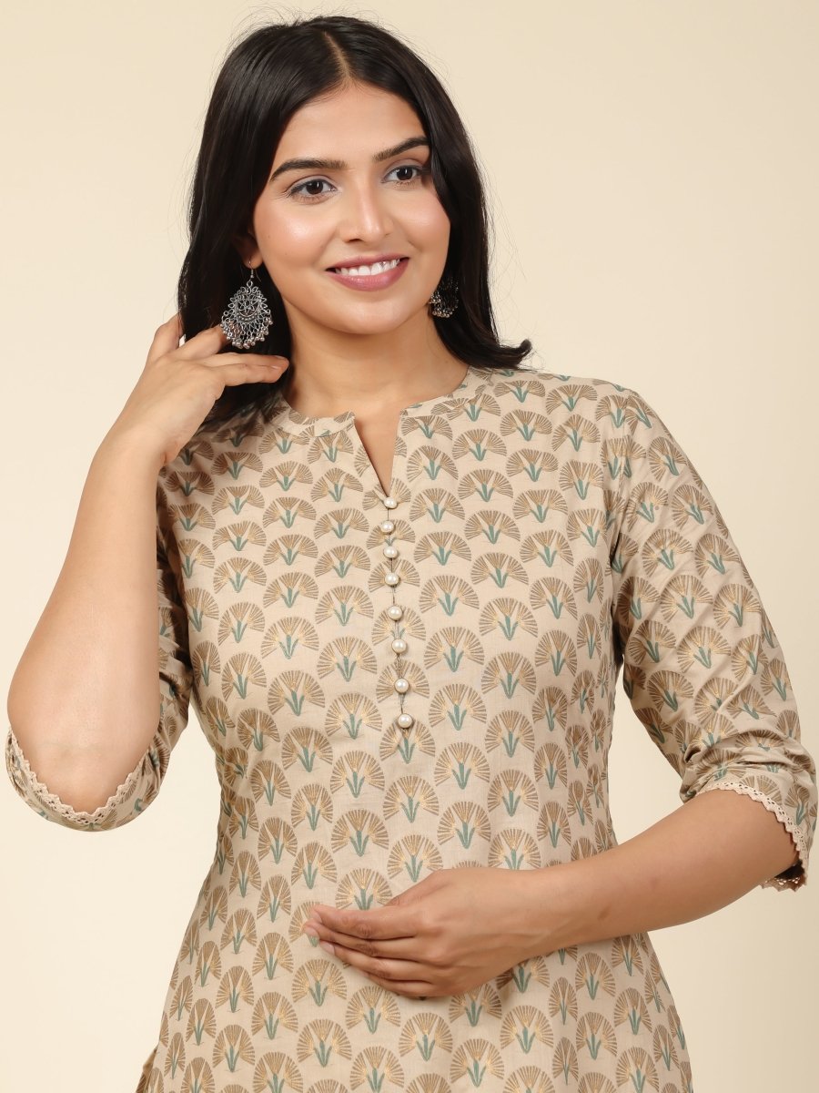 Aramya Straight Soft Cotton Floral Print Women's Kurta Set - Off White