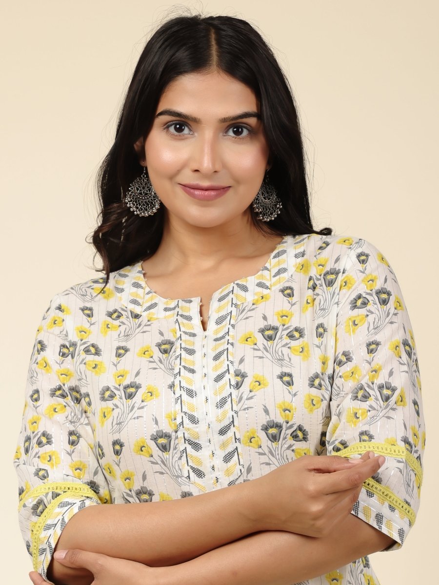 Aramya Straight Soft Cotton Floral Print Women's Kurta - Off White