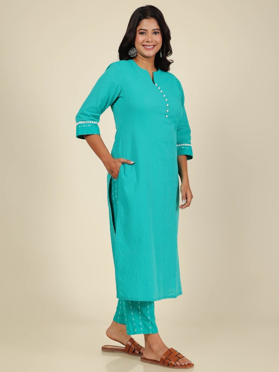 Aramya Straight Kantha Cotton Woven Design Print Women's Kurta Set - Turquoise