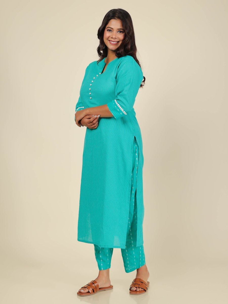 Aramya Straight Kantha Cotton Woven Design Print Women's Kurta Set - Turquoise