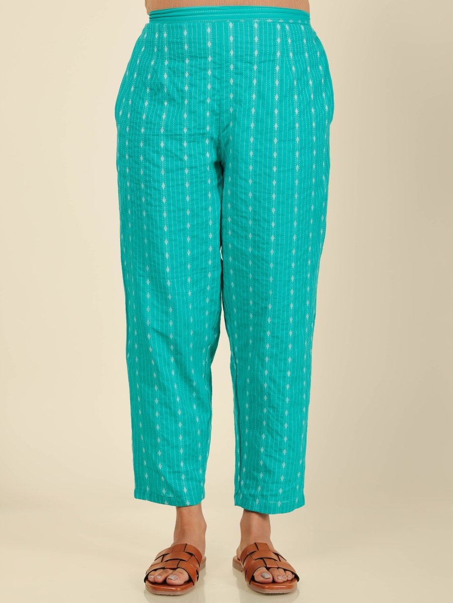 Aramya Straight Kantha Cotton Woven Design Print Women's Kurta Set - Turquoise