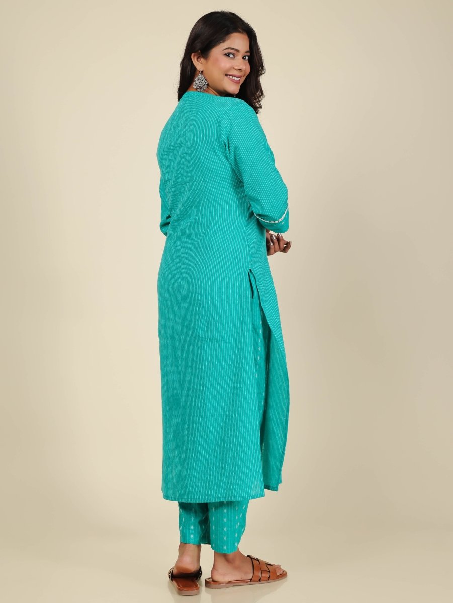 Aramya Straight Kantha Cotton Woven Design Print Women's Kurta Set - Turquoise