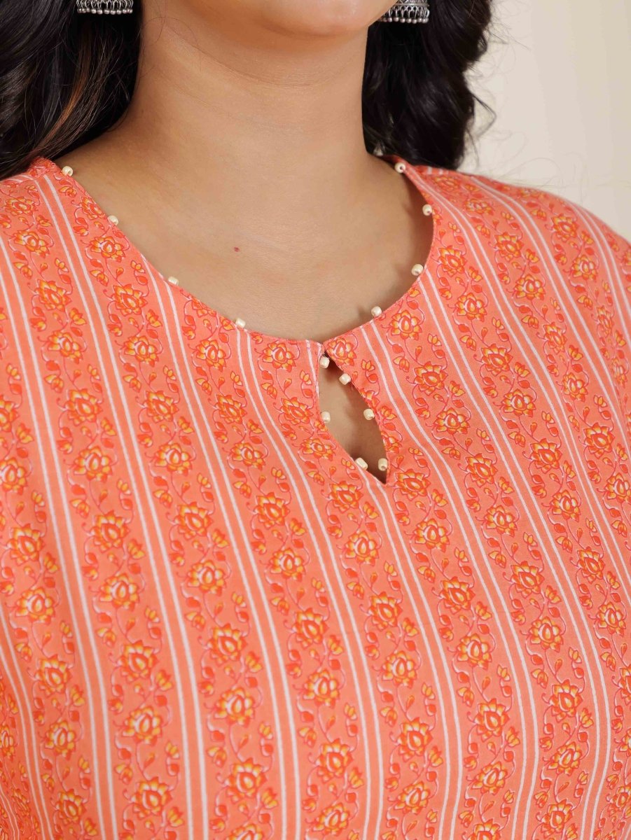 Aramya Straight Soft Cotton Striped Print Women's Kurta Set - Orange