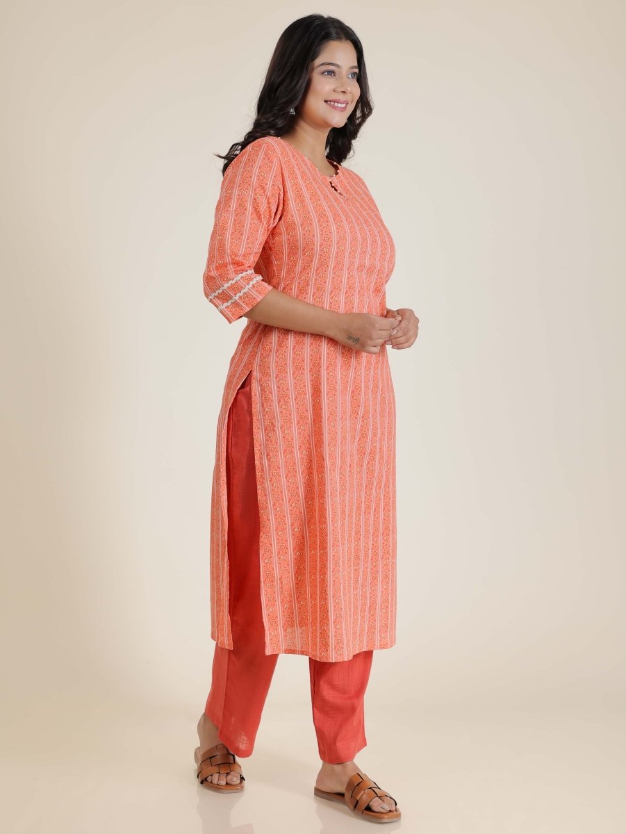 Aramya Straight Soft Cotton Striped Print Women's Kurta Set - Orange