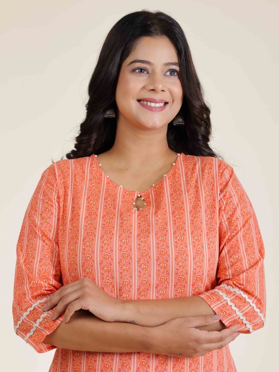 Aramya Straight Soft Cotton Striped Print Women's Kurta Set - Orange