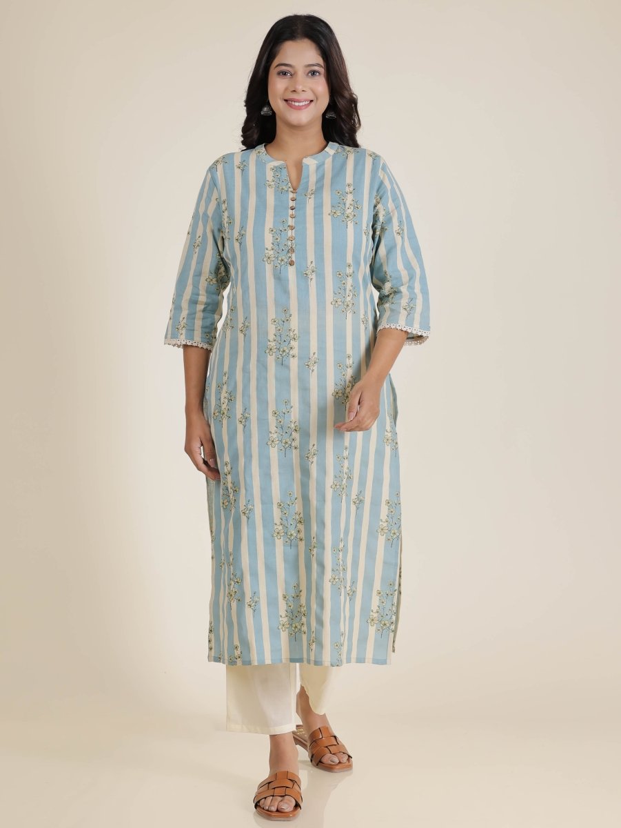 Aramya Straight Linen Cotton Striped Print Women's Kurta - Blue