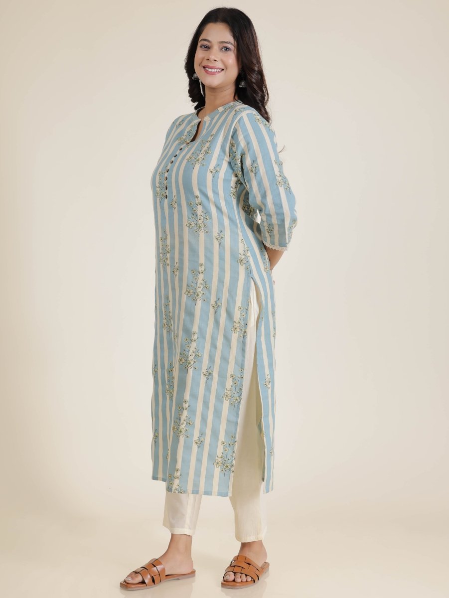 Aramya Straight Linen Cotton Striped Print Women's Kurta Set - Blue
