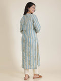 Aramya Straight Linen Cotton Striped Print Women's Kurta Set - Blue