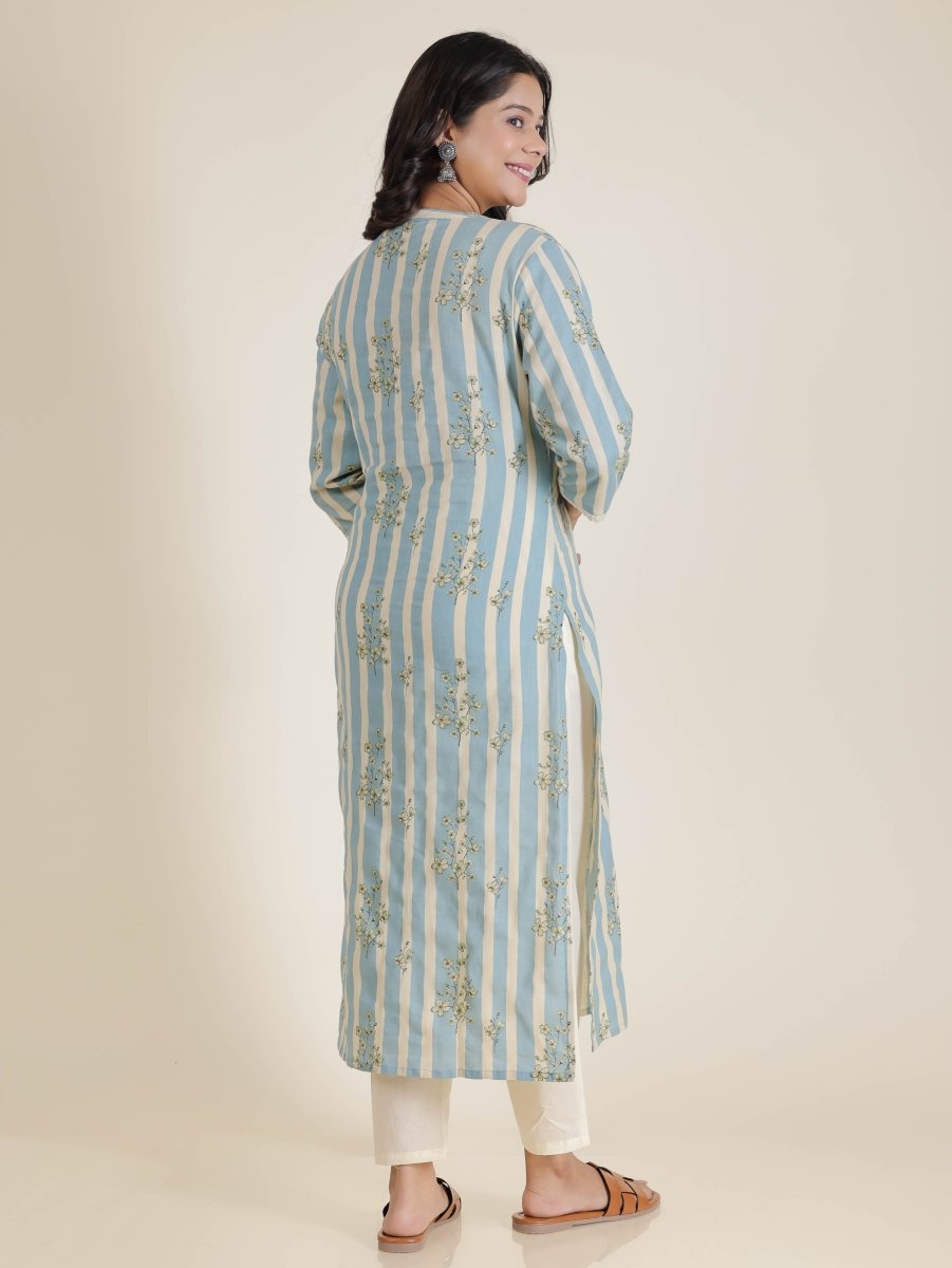 Aramya Straight Linen Cotton Striped Print Women's Kurta - Blue