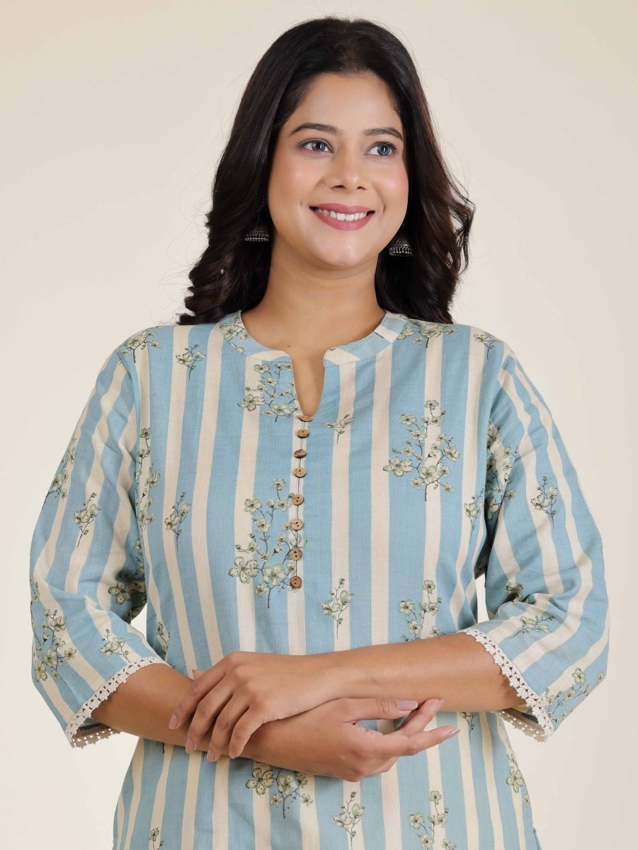 Aramya Straight Linen Cotton Striped Print Women's Kurta Set - Blue