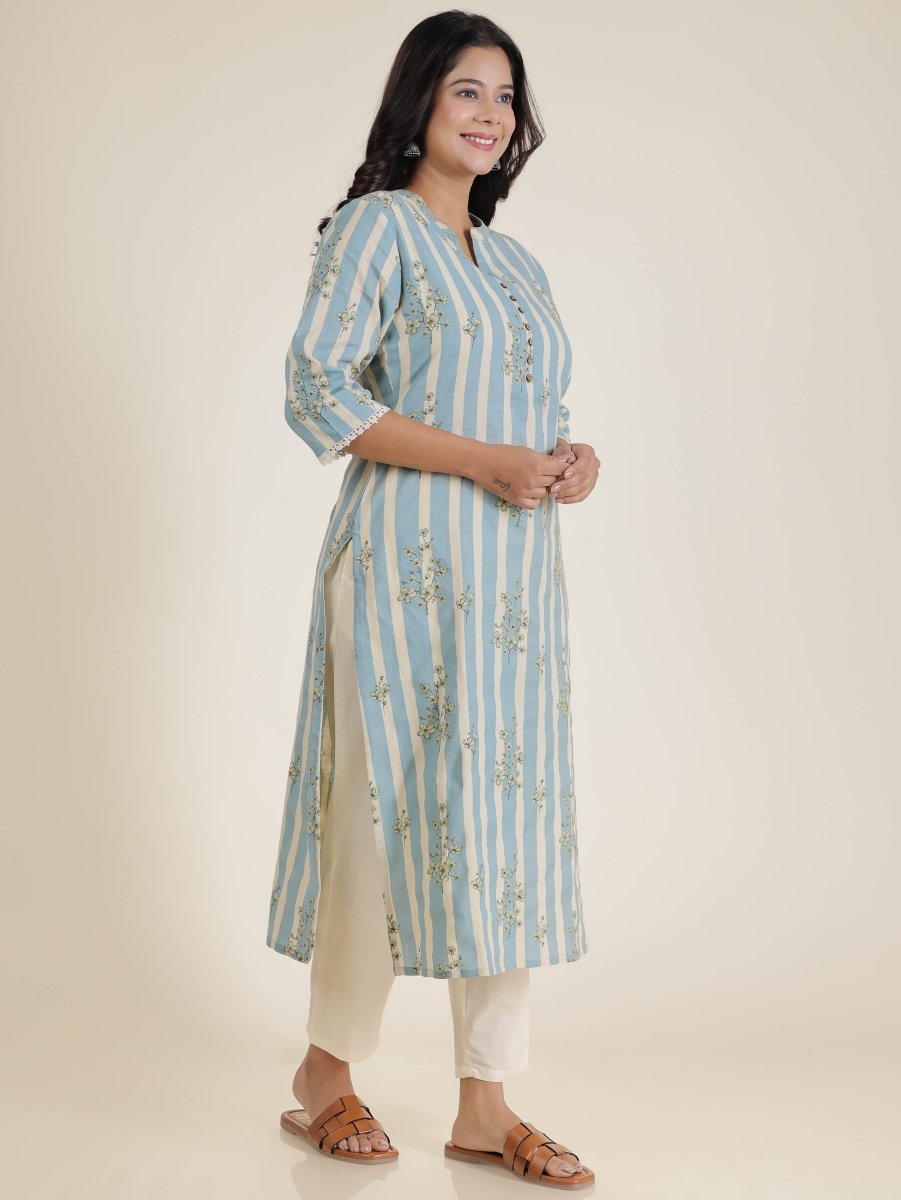 Aramya Straight Linen Cotton Striped Print Women's Kurta Set - Blue