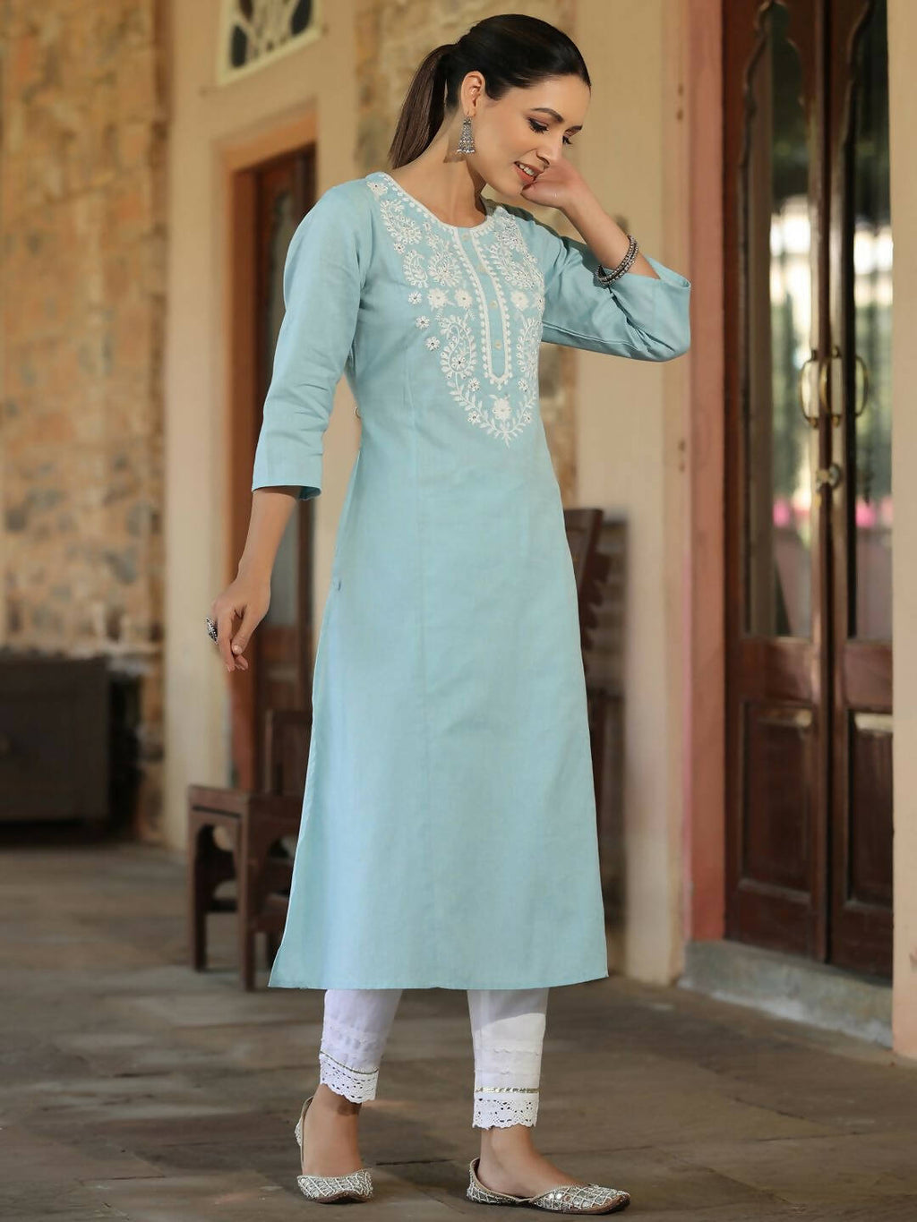 Juniper Women's Blue Cotton Flex Embroidered Straight Kurta