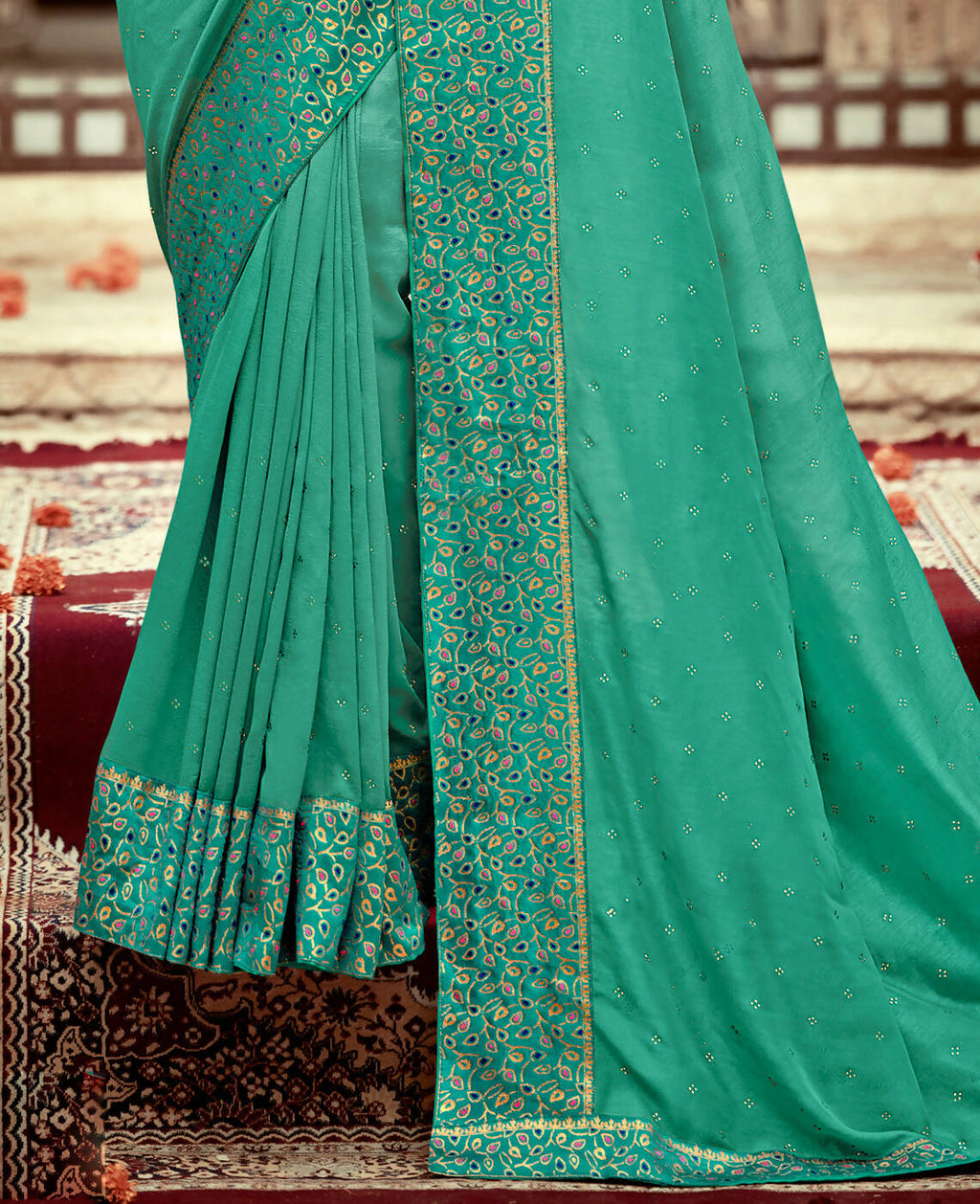 Sea Green Vichitra Stone Work Saree With Unstitched Blouse Piece - Rosy