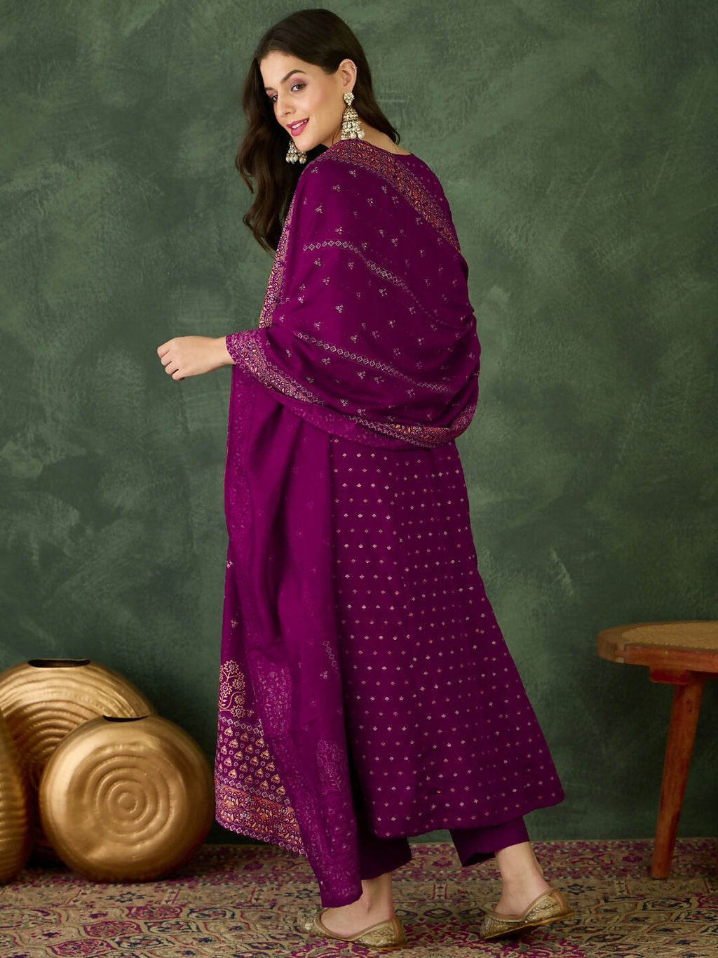 The52 Wine Women's Gorgeous Embroidered Work Vichitra Silk Fabric Flared Kurta Pant and Dupatta Set