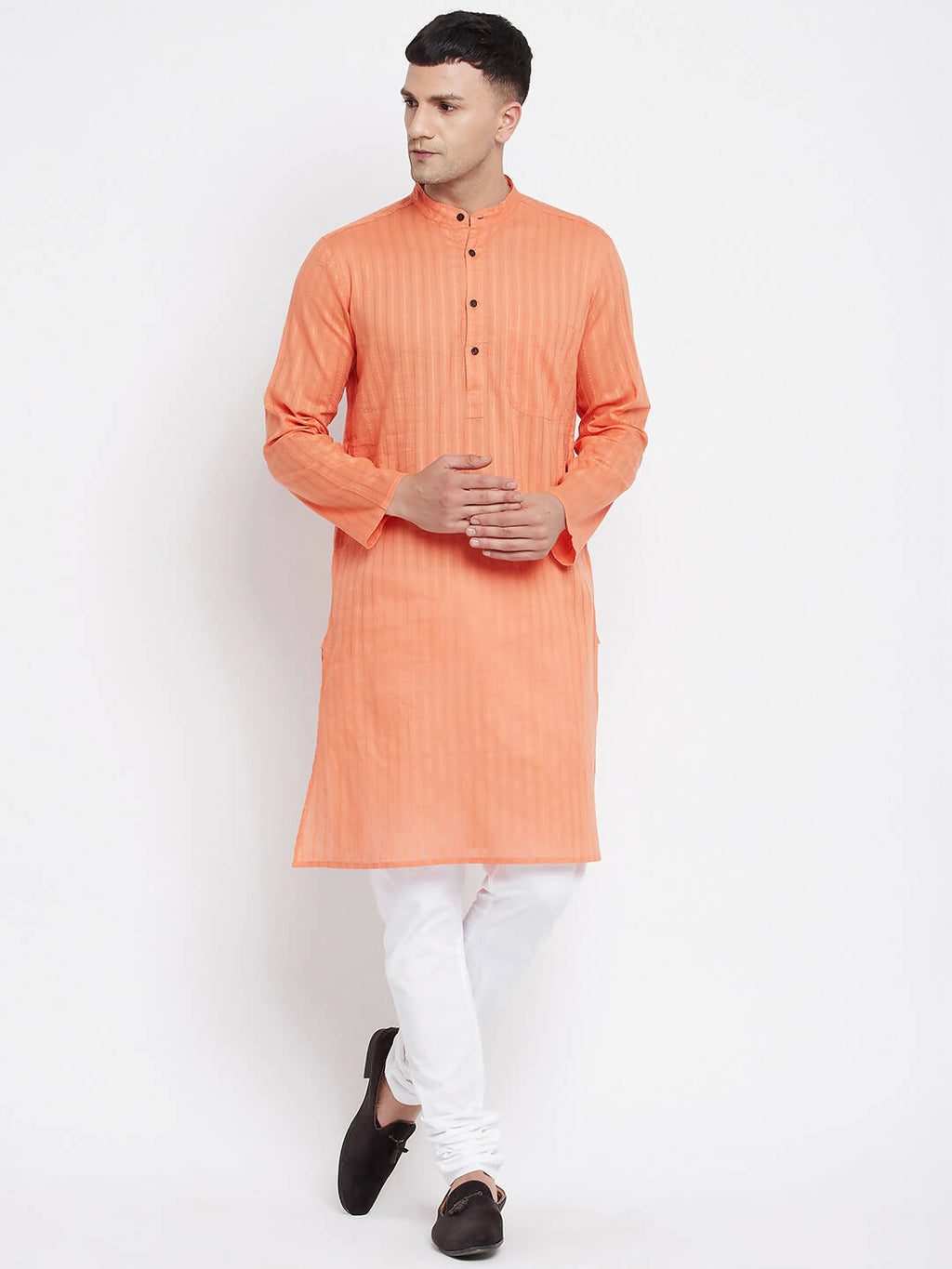 Even Apparels Orange Color Pure Cotton Men's Kurta With Band Collar