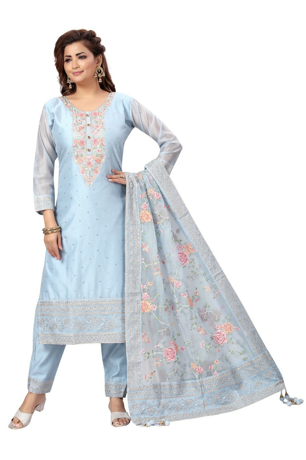 Joban Fashion Chanderi Sky Blue Color Kurta Set