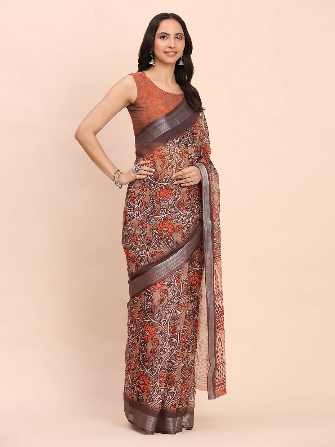 Shree Shyam Fashion Linen Cotton Brown Saree