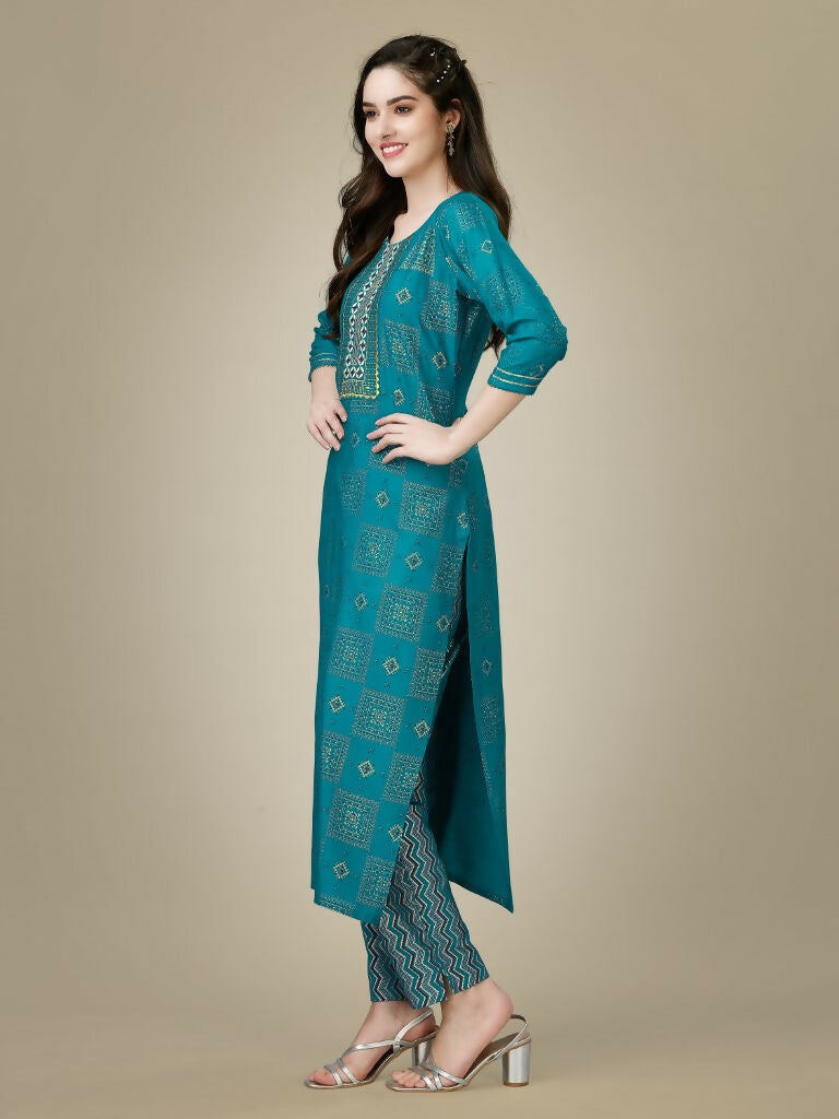 Jyoti Fashion Women's Rama Rayon Embroidered Kurta Pant Set